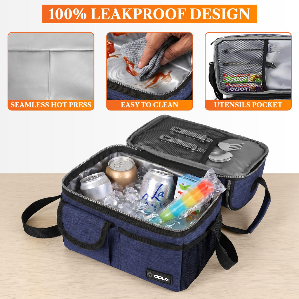 opux Insulated Lunch Bag Women Men, Dual Compartment Leakproof Lunch Box Adults Kids, Double Decker Meal Prep Bento Lunch Cooler Tote with Shoulder Strap for Work Office School Travel, Black