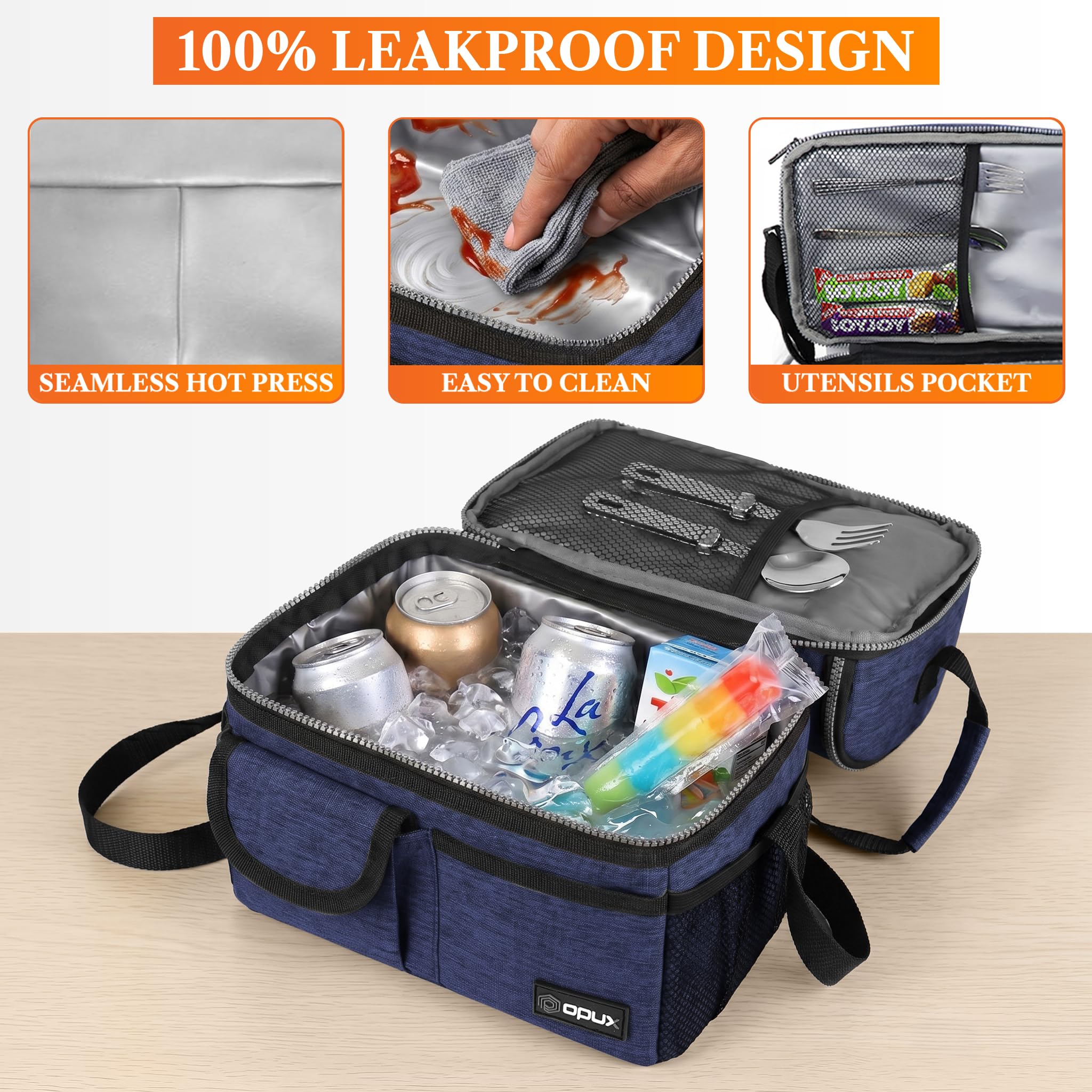 opux Insulated Lunch Bag Women Men, Dual Compartment Leakproof Lunch Box Adults Kids, Double Decker Meal Prep Bento Lunch Cooler Tote with Shoulder Strap for Work Office School Travel, Black