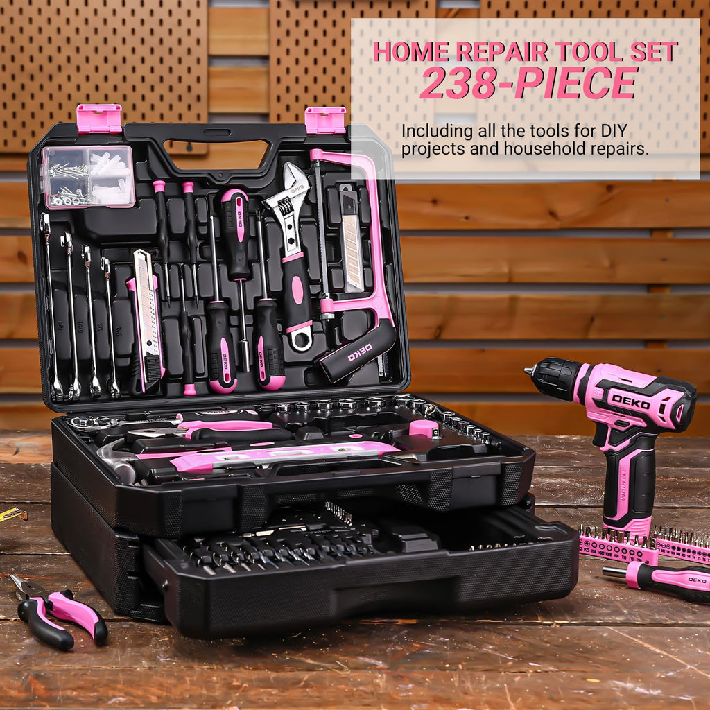 Tool Set: Tool Kit with 12V Cordless Drill, Hand Toolbox with storage case, Mechanic Tool set for Home Repairs, Green