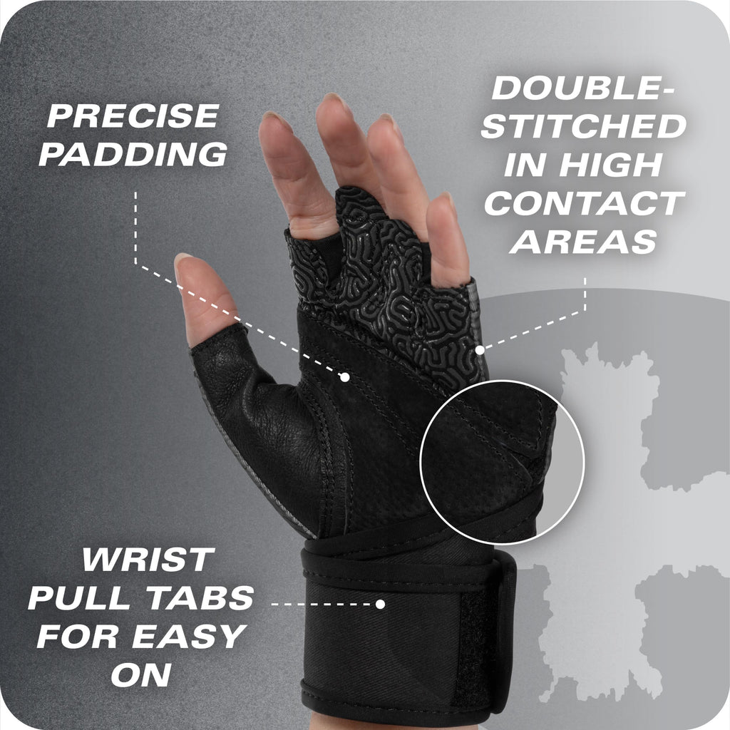 Harbinger Pro Wristwrap Gloves 3.0 - Enhanced Grip, Superior Wrist Support, Breathable 4-Way Stretch Lycra, Durable Leather Palm, Half-Finger Design for Weightlifting, Fitness Training, Women's