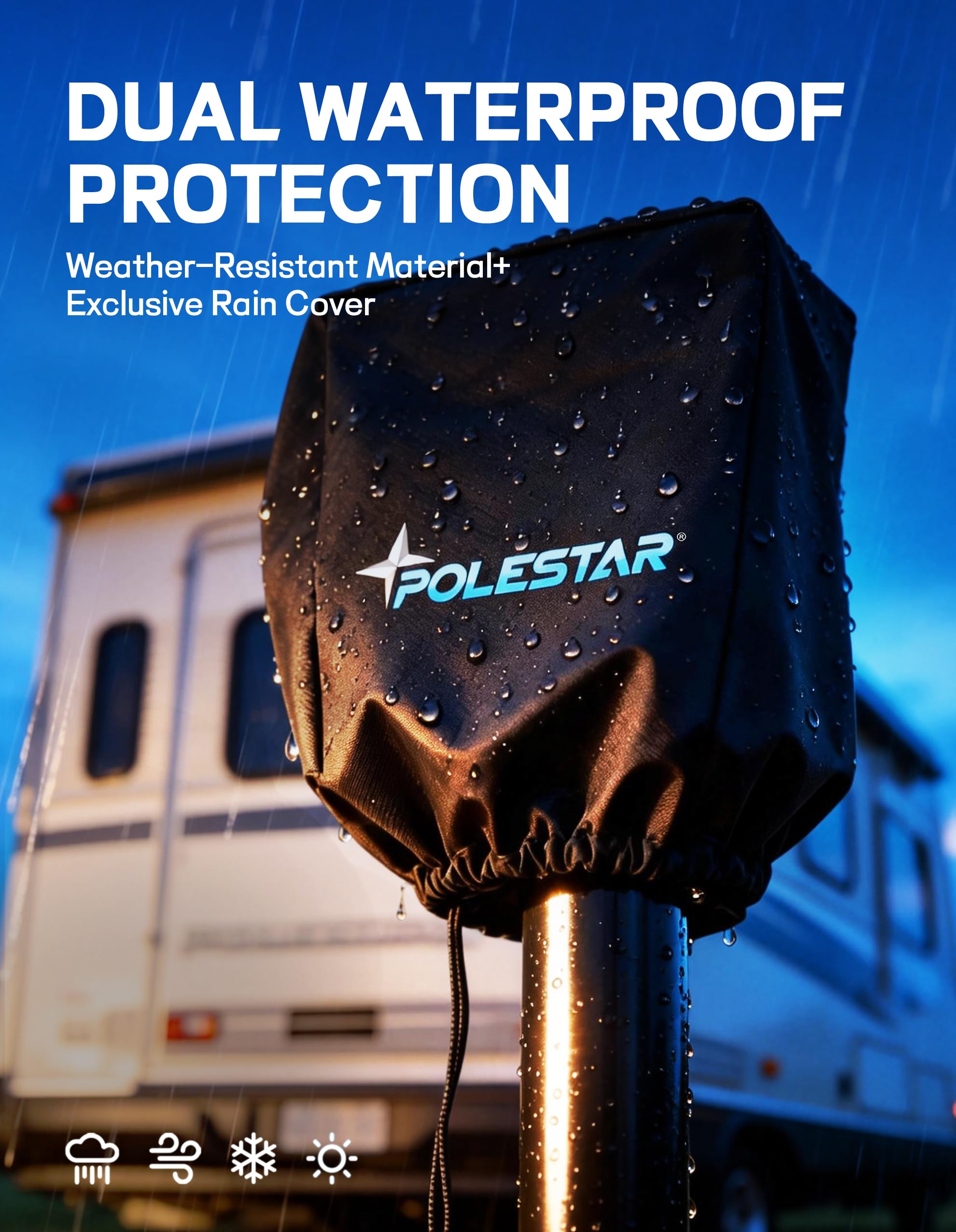POLESTAR Electric Trailer Jack, 3500lbs Electric Power A- Frame Tongue Jack with Waterproof Protective Cover & LED Light for Travel Trailer Camper, RV, 12V DC with Hard Wiring, 9"-27" Lift