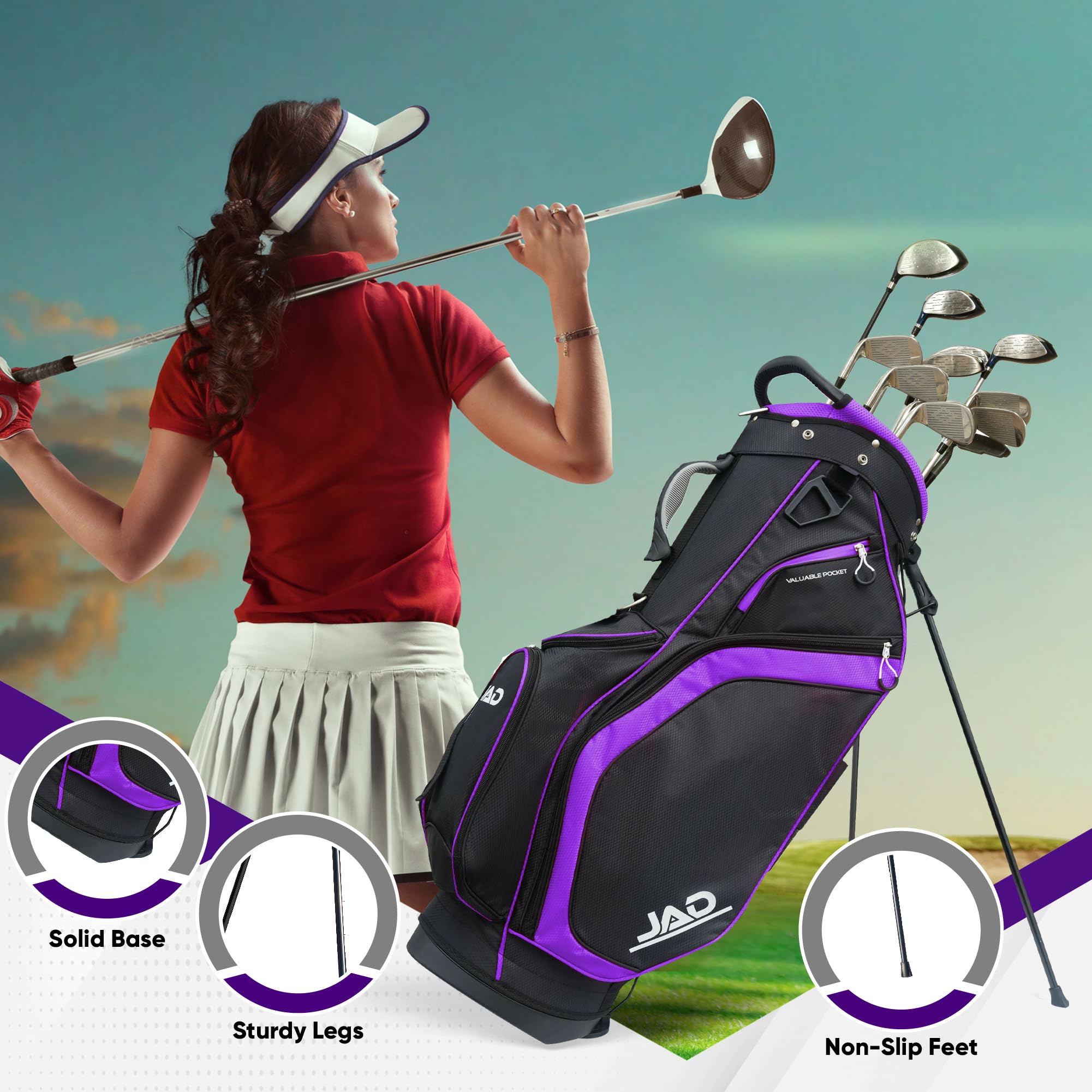 JAD Lightweight Womens Golf Bag, Golf Stand Bag for Women/Ladies, 14-Way Top Dividers, Ultra Lightweight, Large Pockets for Accessories, Durable Water Resistant