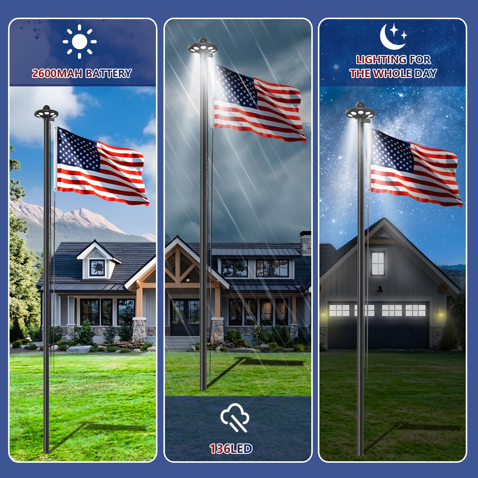 Upgraded 10 Gauge 20FT Heavy Duty Flag Pole Kit with 136 LED Solar Light, Extra Thick Flagpole for Outside House in Ground, Bottom 3 mm Thick & Width 3.35 in, 120MPH Wind Rated