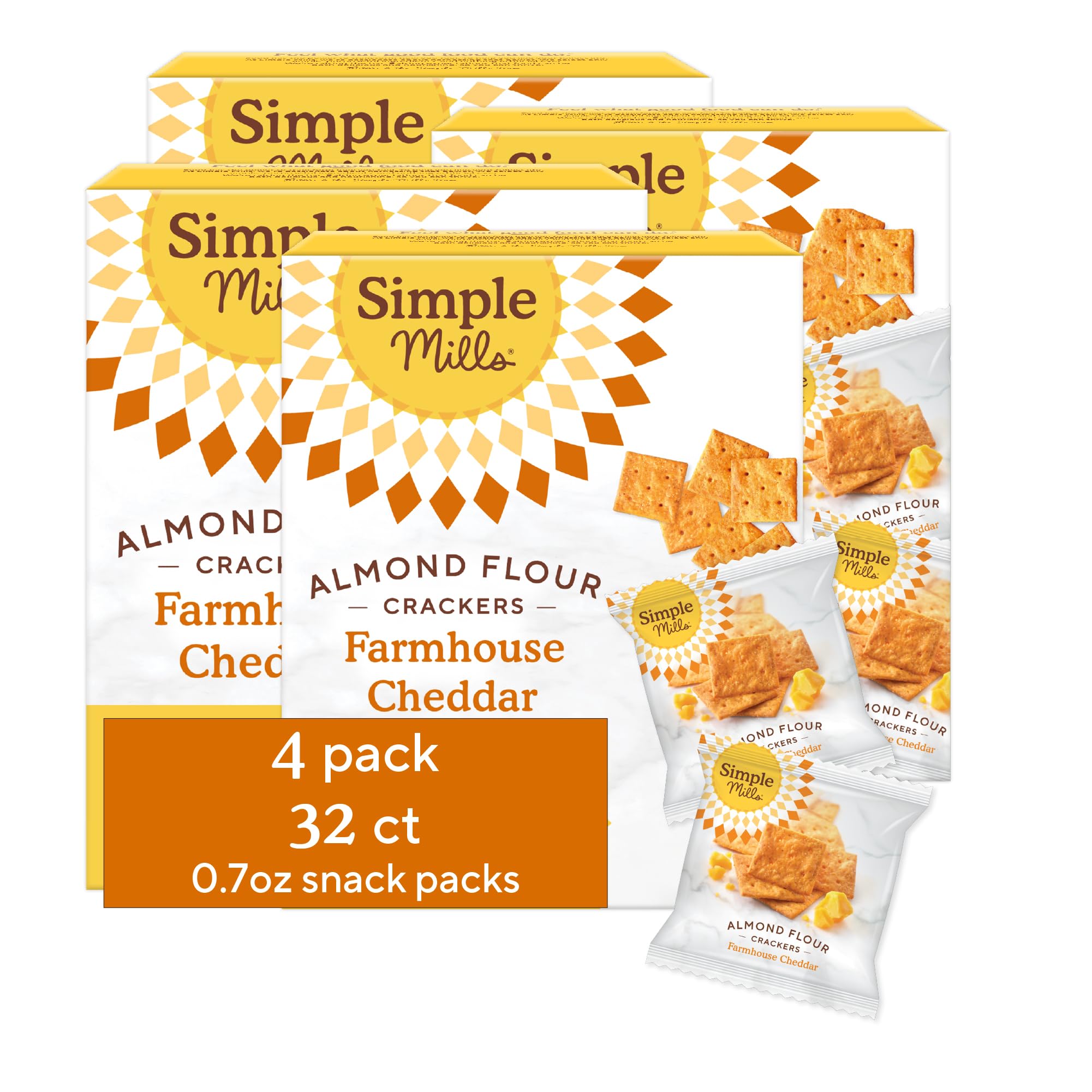 Simple Mills Almond Flour Crackers Snack Packs, Farmhouse Cheddar, Gluten Free, Flax Seed, Sunflower Seeds, Corn Free, Good for Snacks, 6.5 oz, Pack of 1 (8 Bags per Box)