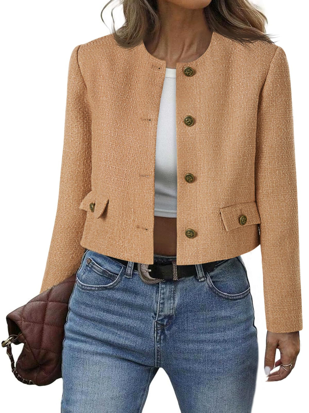 Cicy Bell Womens Cropped Tweed Blazer Collarless Button Down Bomber Jacket Business Casual Fall Outfits
