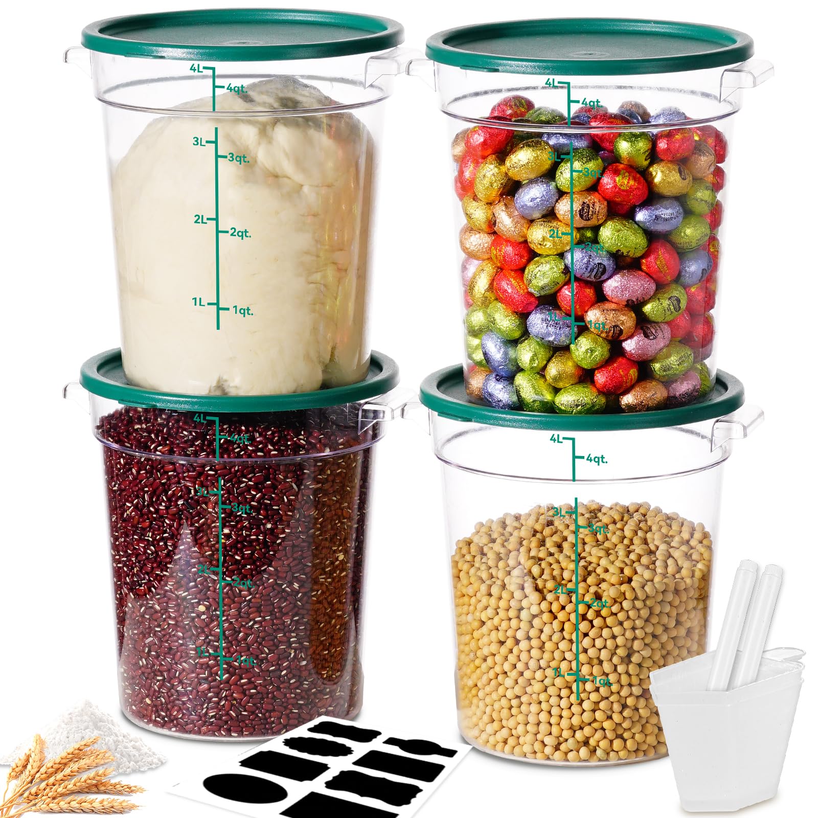 4QT NSF Food Storage Containers: 8 PCS [Food Grade][Hot&Cold Resistant] Commercial Clear Food Storage Containers with Lids for Restaurant Kitchen Proof Dough, Measuring Spoons Included(BPA FREE)