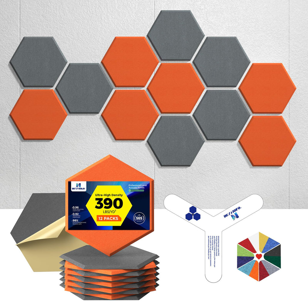 Self-Adhesive Acoustic Panels [390 lbs/yd³ Ultra-High Density], 2nd Generation Sound Absorbing Panel, Professional Level Sound Panel, Polyester Soundproof Foam [Medium Hexagon, Beige]