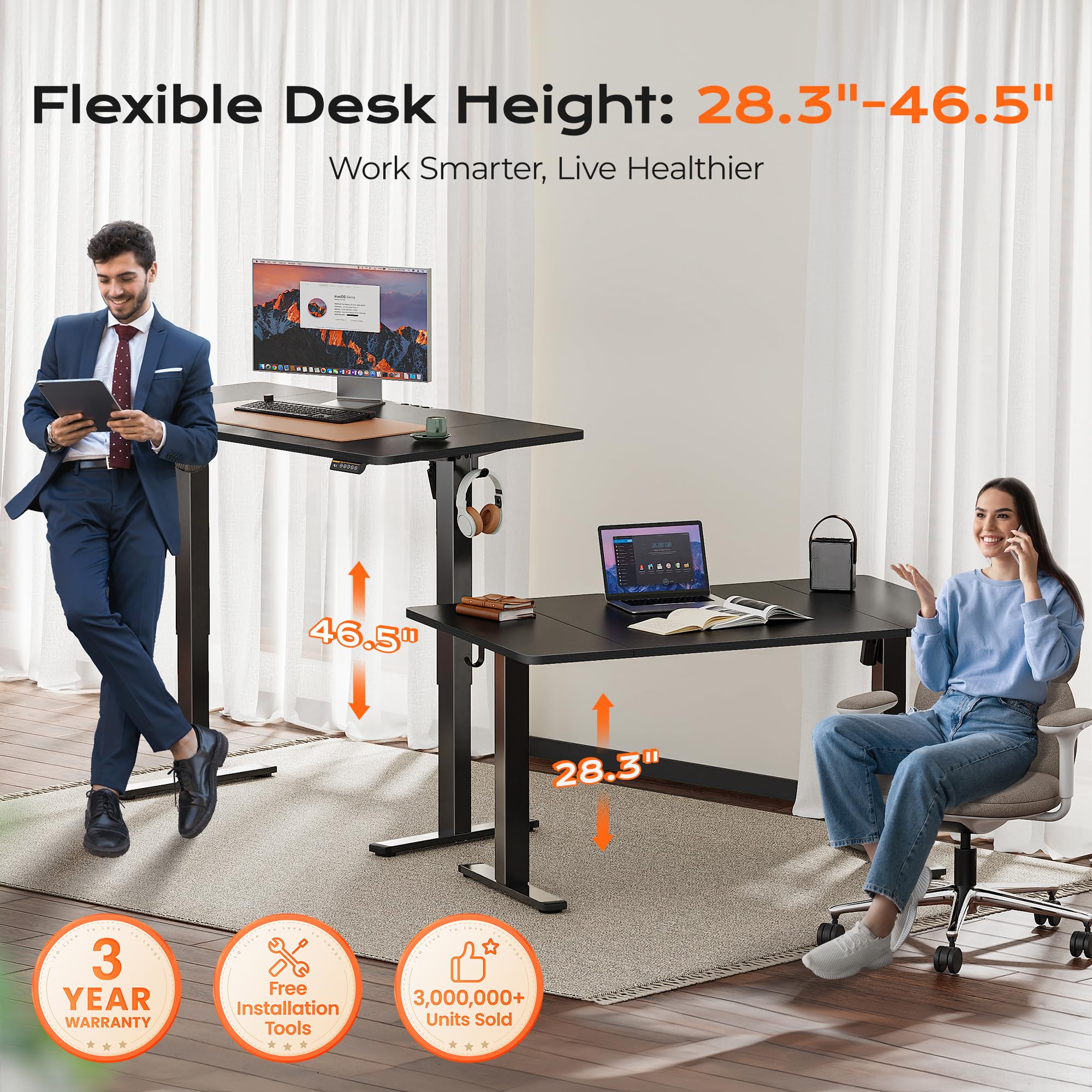 Huuger 48 x 28 Large Electric Standing Desk, Height Adjustable Desk, 27.6" Deep Desktop, Stand up Gaming, 2 Hooks, 3 Preset Heights, for Home Office, Black