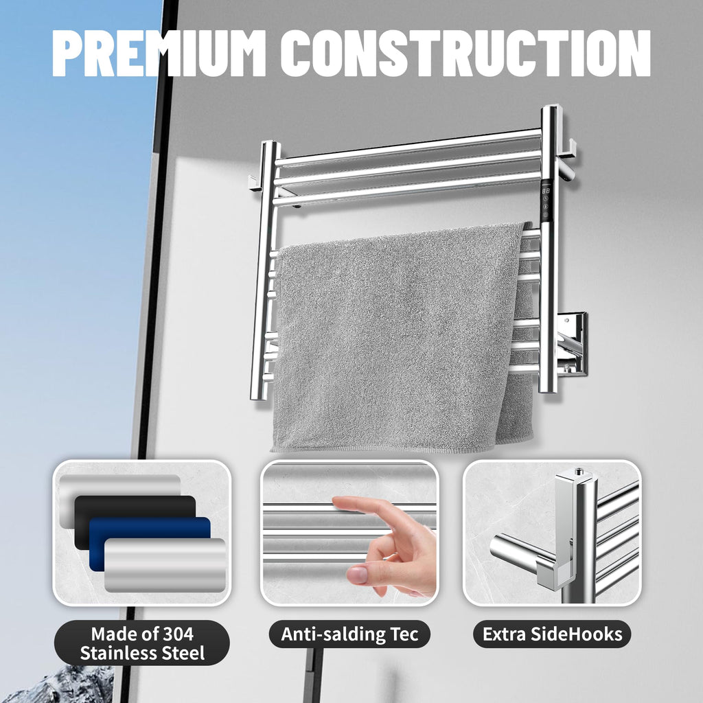 K&KALONZO Wall-Mounted 9-Bar Heated Towel Rack, Fast Heat in 2 Min, NTC Safety | 4 Timers & 3 Heat Levels Control, Plug-In/Hardwired, Top Hooks, Memory Function, Anti-Scald, Stainless Steel, EL13ML