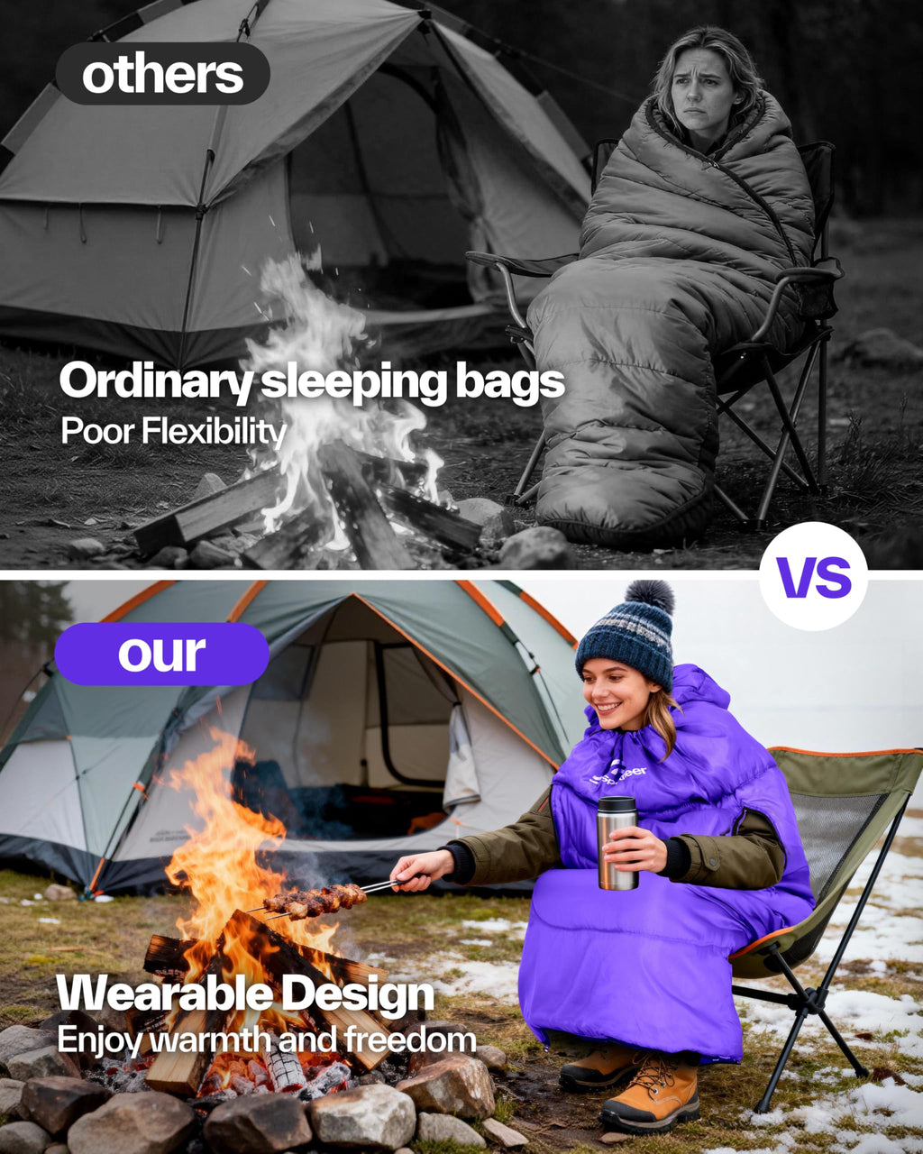 Sportneer Wearable Sleeping Bag for Adults & Kids – Walkable with Arm Zippers, Warm Weather & Cold Waterproof, Compact for Camping, Stadiums, Travel, Backpacking & Car Use