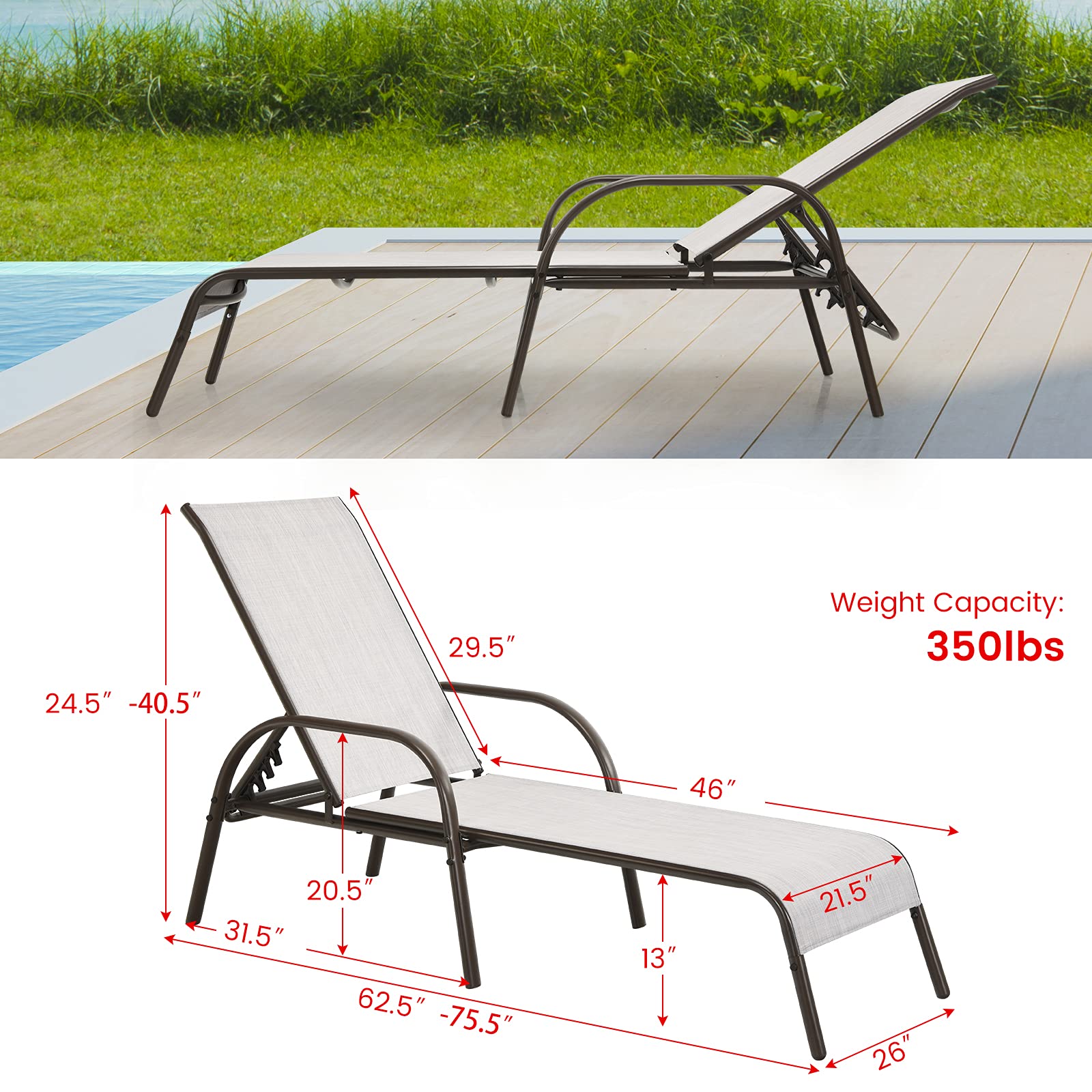 Giantex Patio Lounge Chair, Outdoor Chaise Lounge with 5 Adjustable Backrest, Sturdy Steel Frame, Sunbathing Recliner, Beach Chair, Tanning Chair for Outside, Yard, Balcony, Pool Chairs, Black
