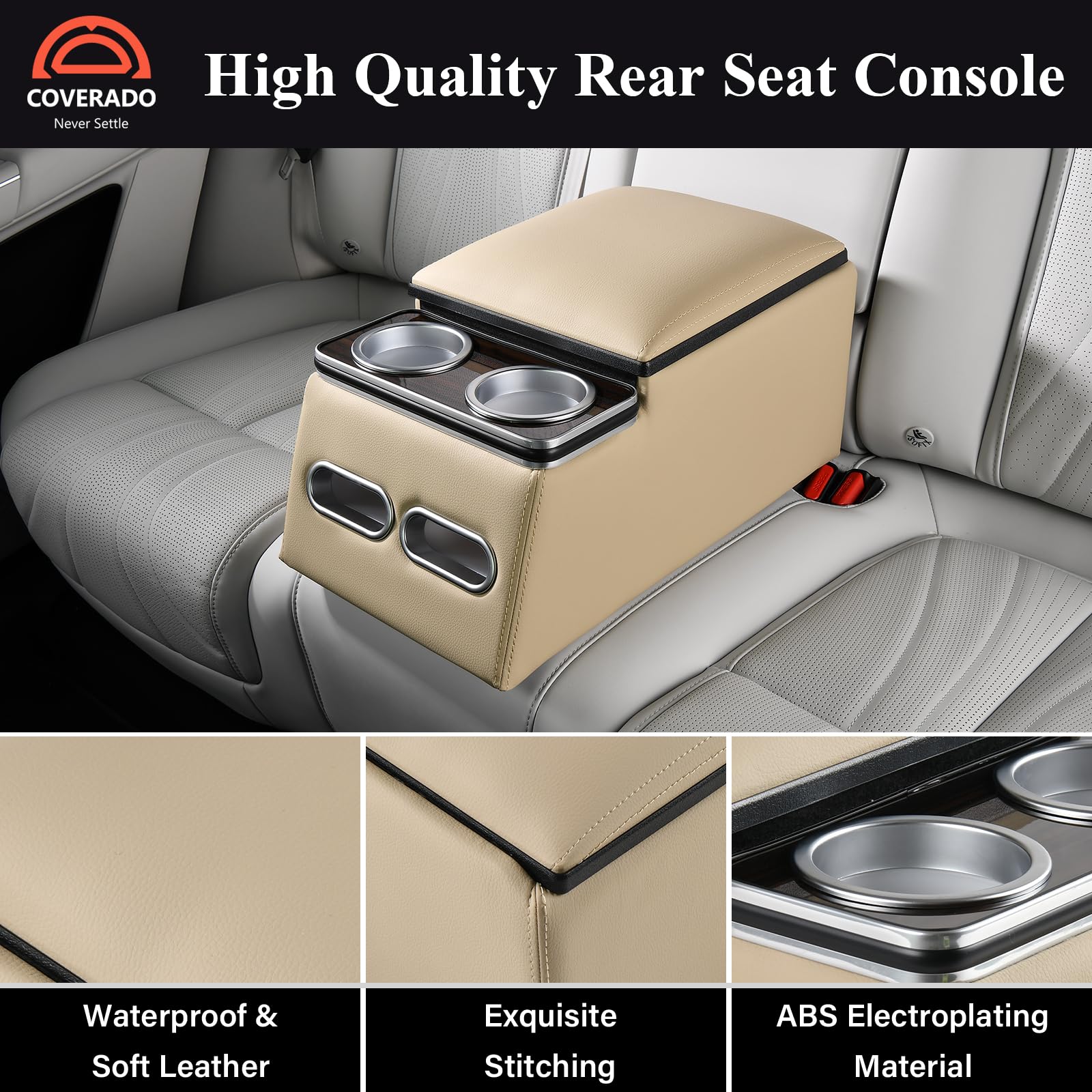 Coverado Car Center Console, Universal Rear Bench Seat Consoles, Truck Seat Organizer and Storage, Back Seat Car Organizer with Cup Holder, Large Storage Box, Central Armrest Box (Regular, Beige)