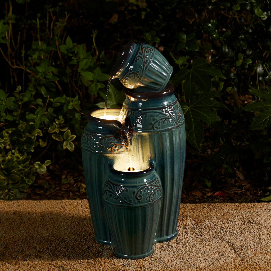 Glitzhome 27.25" H Outdoor Garden Water Fountain with LED Lights and Pump, 4 Tier Cobalt Blue Embossed Pattern Ceramic Pots Cascading Floor Standing Fountain for Porch Deck Patio Backyard Decoration