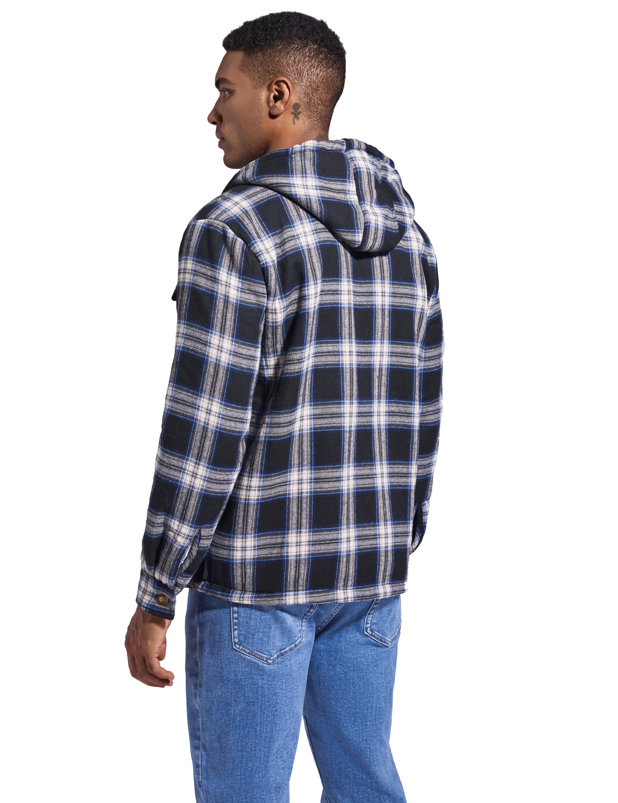 Men's Flannel Plaid Hooded Jackets Full Zip Sherpa Fleece Lined Hoodies Fashion Warm Coat