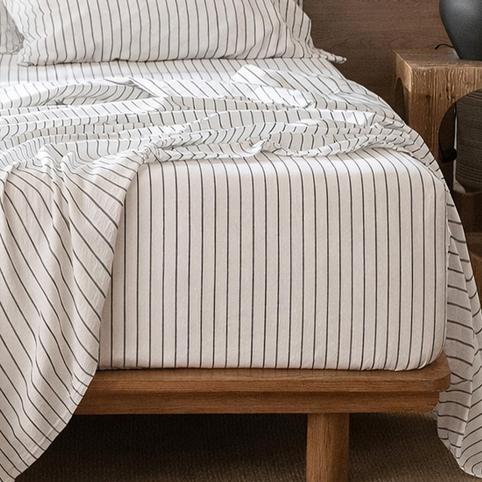 MooMee Fitted Bottom Sheet Only 100% Washed Cotton Linen Like Textured Breathable Durable Soft Comfy Deep Pocket Fits Mattress up to 17" (Almond Milk Grey, Twin)