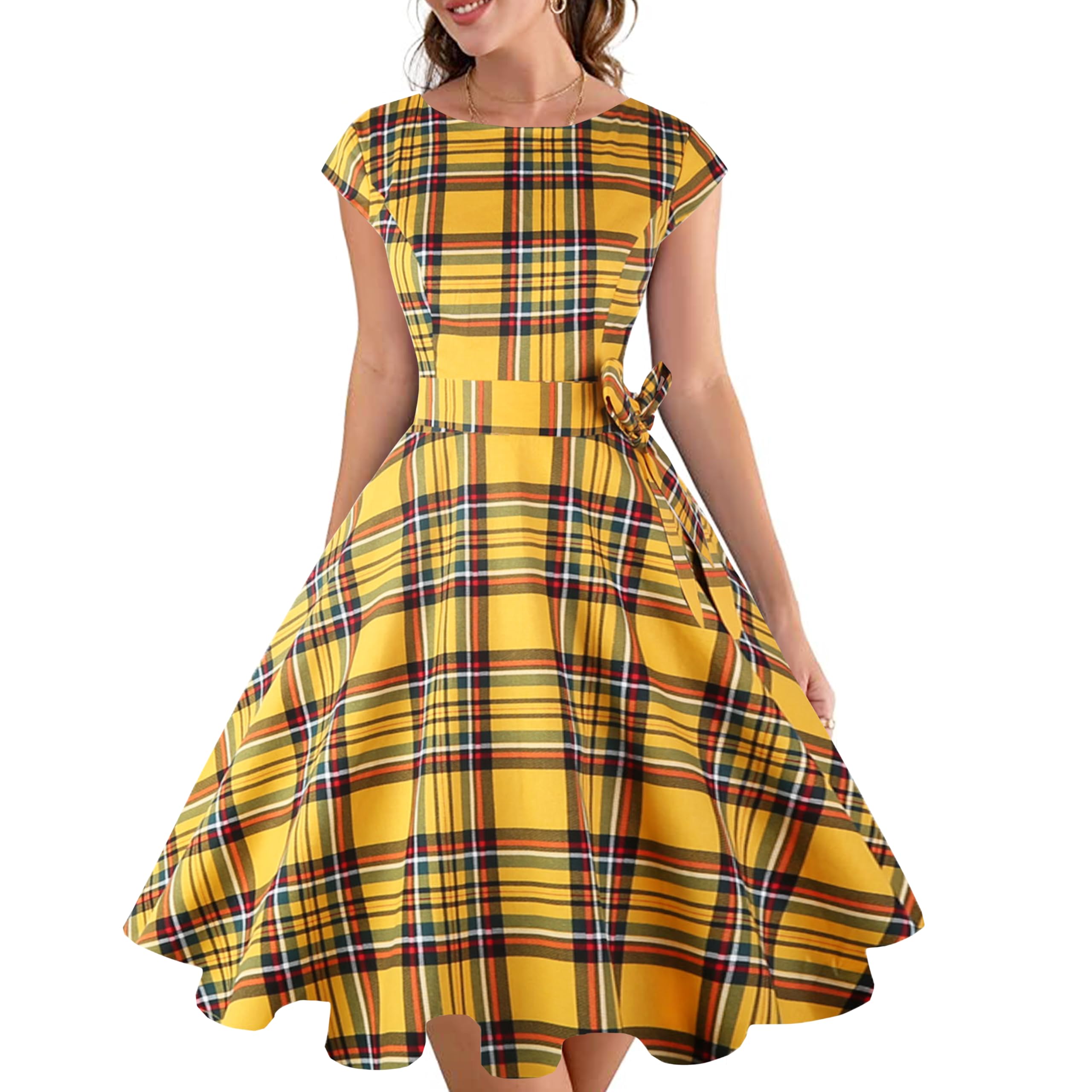 PUKAVT Women's 1950 Boatneck Cap Sleeve Vintage Swing Cocktail Party Dress with Pockets