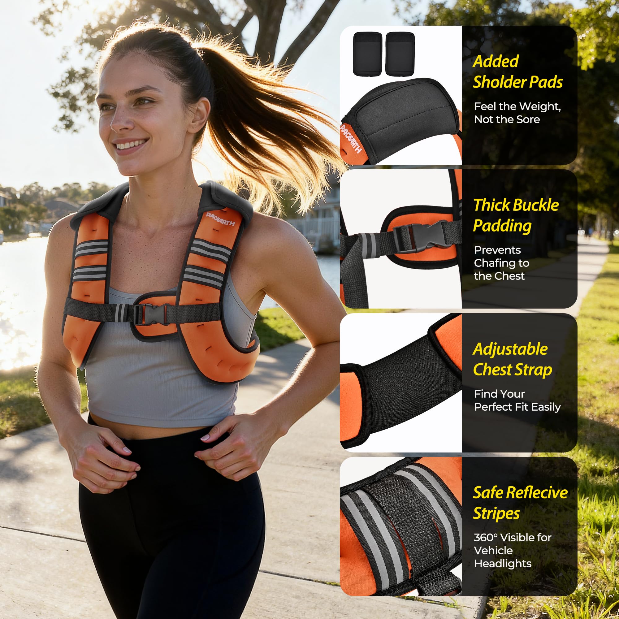 PACEARTH Weighted Vest,6lb/8lb/10lb/12lb/16lb/20lb/25lb/30lb Weight Vest with Reflective Stripe, Body Weight Vests for Women, Men, Weight Loss Workout, Strength Training, Running, Walking, Jogging