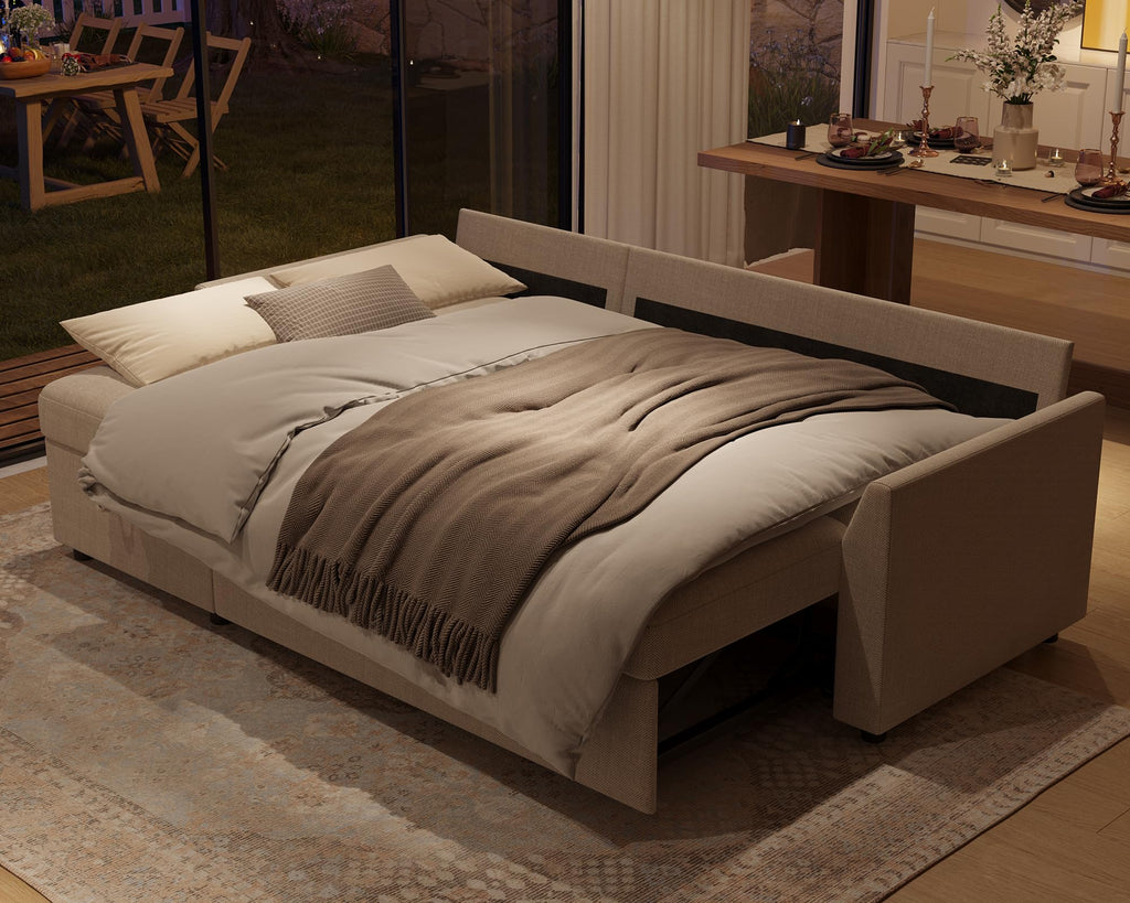 PaPaJet Sofa Bed, Sleeper Sofa with Storage Chaise, L Shaped Sofa with Pull Out Bed, Oversized Sofas for Living Room, Beige