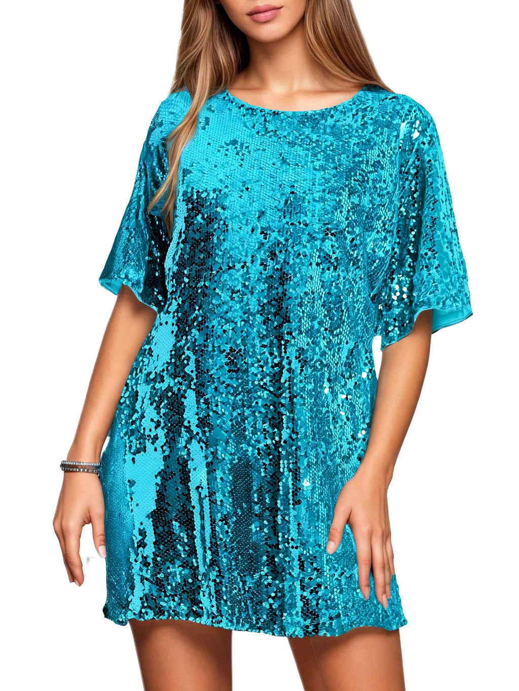 Women's Crew Neck Sequin Dress for Women Sexy V Neck Shirt Dress Sparkly Half Sleeve Loose Party Club Cocktail Dress