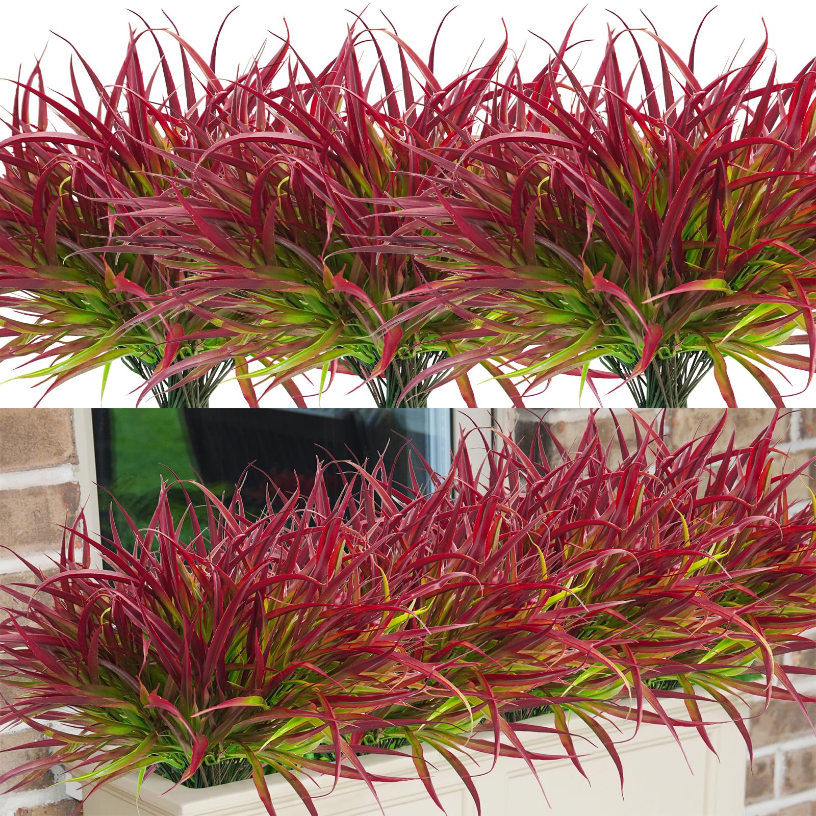 Uieke 28 Bundles Artificial Outdoor Plants UV Resistant Fake Grass Plants Faux Plastic Plants Greenery Shrubs for Home Garden Pathway Window Box Front Porch Cemetery Fall Decor, Autumn Red