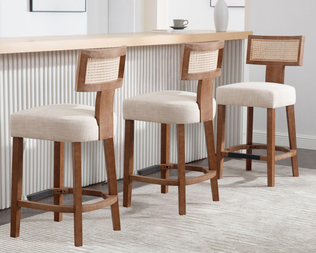 Farmhouse 30'' Extra Tall Bar Stools Set of 2 Modern Counter Height Barstools with Backs Rustic Wood Bar Stools Linen Upholstered Counter Chairs Kitchen Island Stool Chairs with Wood Frame, Beige