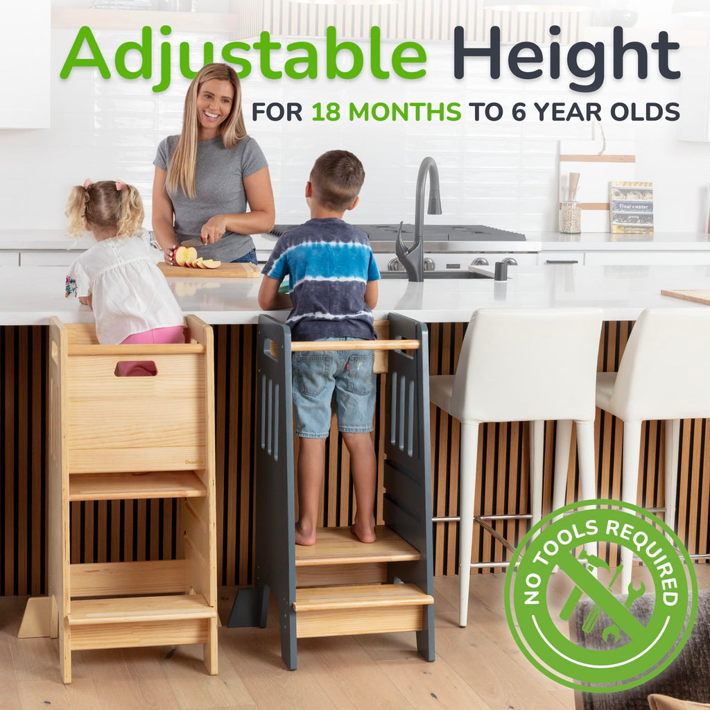 OCODILE Toddler Tower with a Sliding Door and 3 Adjustable Heights - Safe Toddler Kitchen Step Helper with Support Feet - Updated Design for 18+ Months to 6-Year-Old Kids - Gray