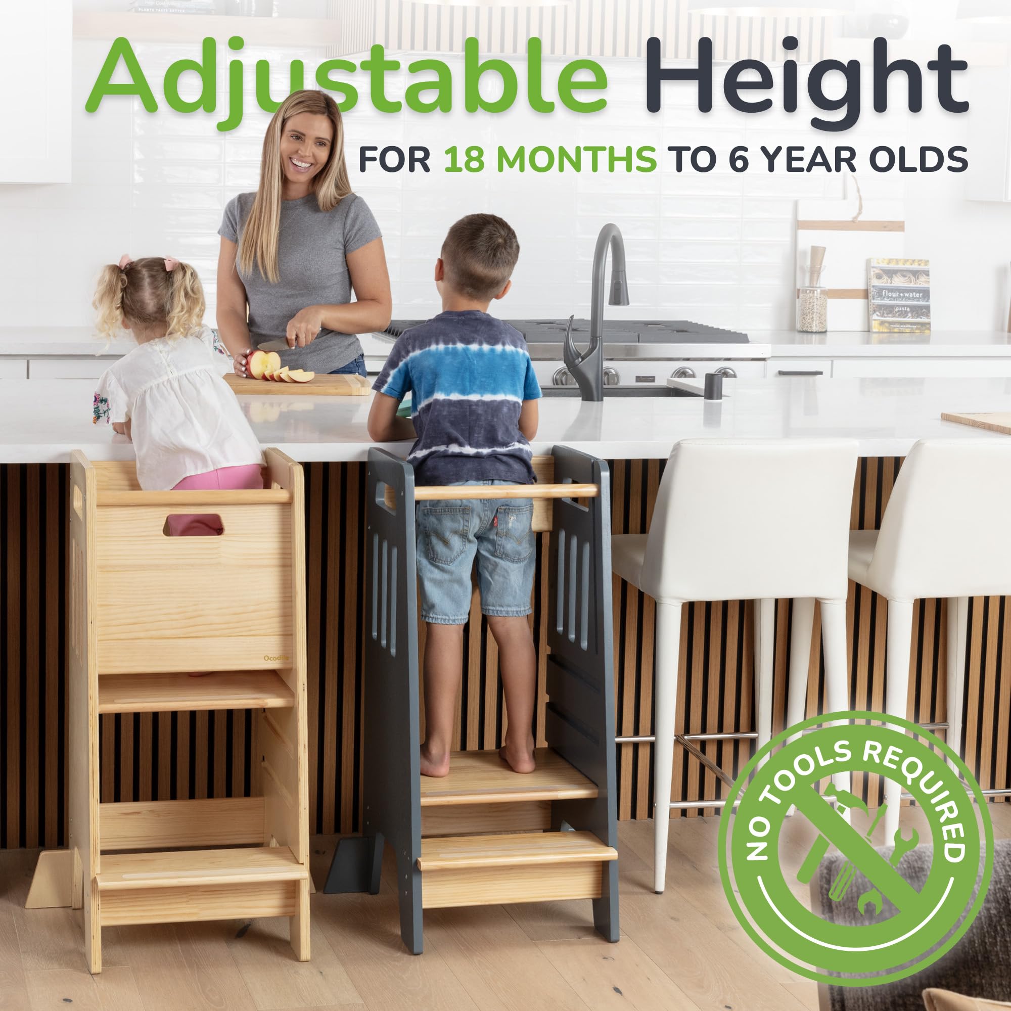 OCODILE Toddler Tower with a Sliding Door and 3 Adjustable Heights - Safe Toddler Kitchen Step Helper with Support Feet - Updated Design for 18+ Months to 6-Year-Old Kids - Gray
