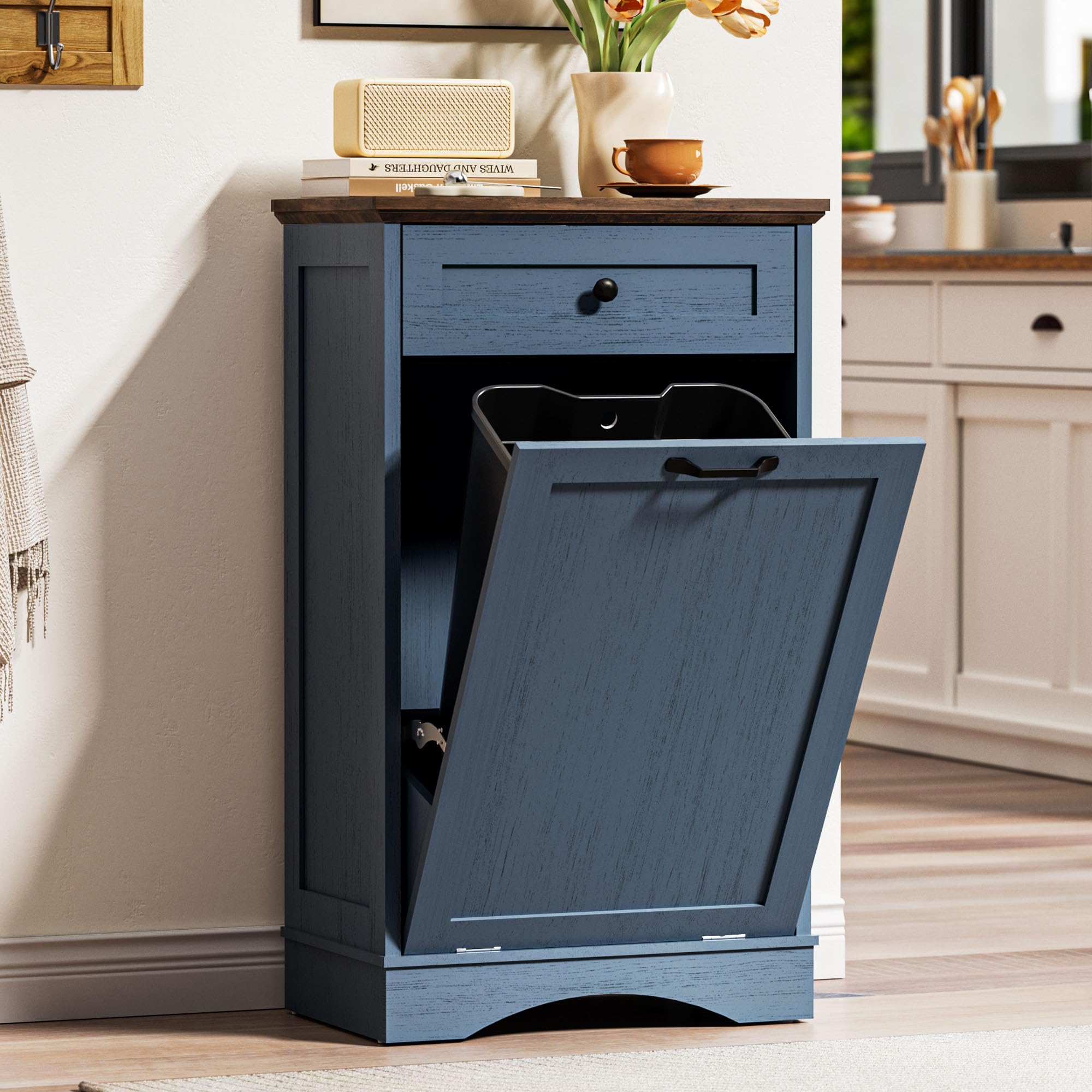 AHB Double Tilt Out Trash Can Cabinet Freestanding Kitchen Trash Can, 2x13 Gallons Hidden Garbage Recycling Cabinet with Hideaway Drawers Pet Proof Trash Can Holder for Kitchen, Antique White