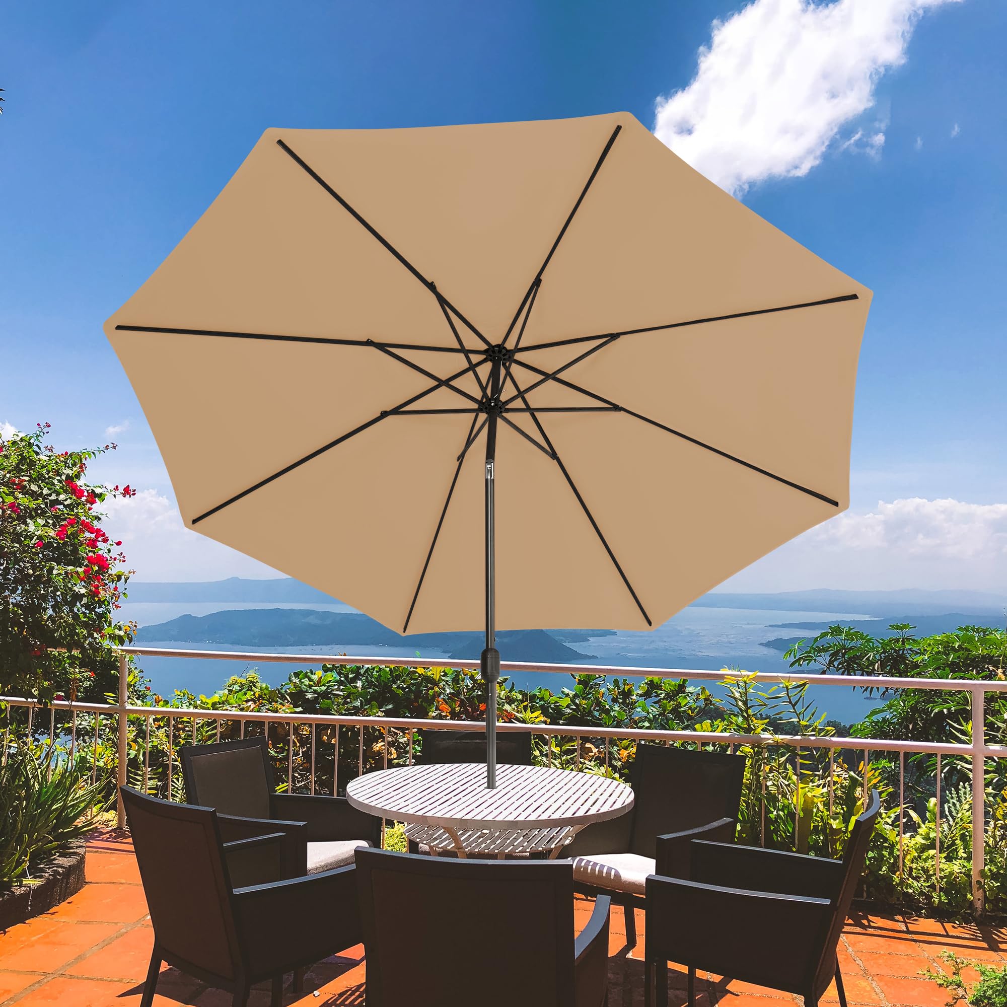 Sundale Outdoor 9FT Patio Umbrella with Sand Bag Umbrella Base, Outdoor Umbrella with Tilt and Crank, Beige