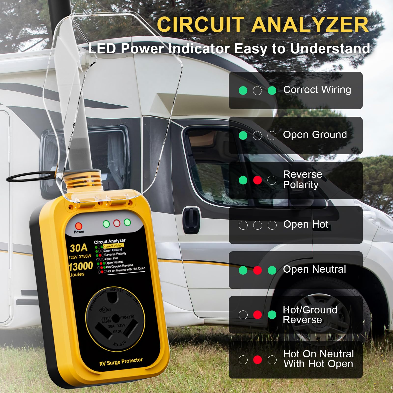 RV Surge Protector 30 Amp, 10000 Joules RV Circuit Analyzer with Waterproof Cover,RV Adapter Plug for Camper Travel Trailers (30 AMP)