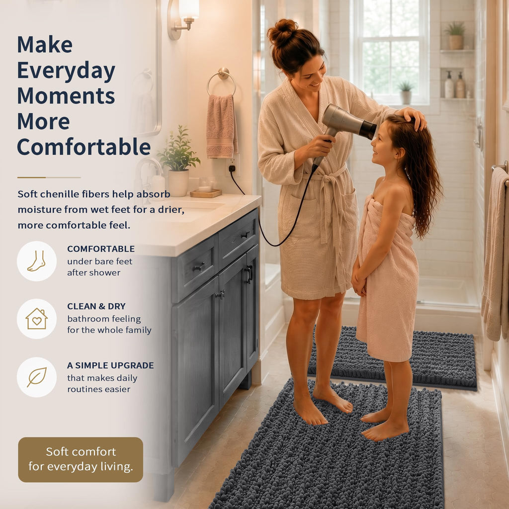 Yimobra Black Bathroom Rug Set 3 Piece - Super Absorbent Quick Dry Chenille Bath Mats & Toilet Rug, Non Slip Machine Washable, Extra Thick Shaggy Floor Mat for Shower Tub Sink