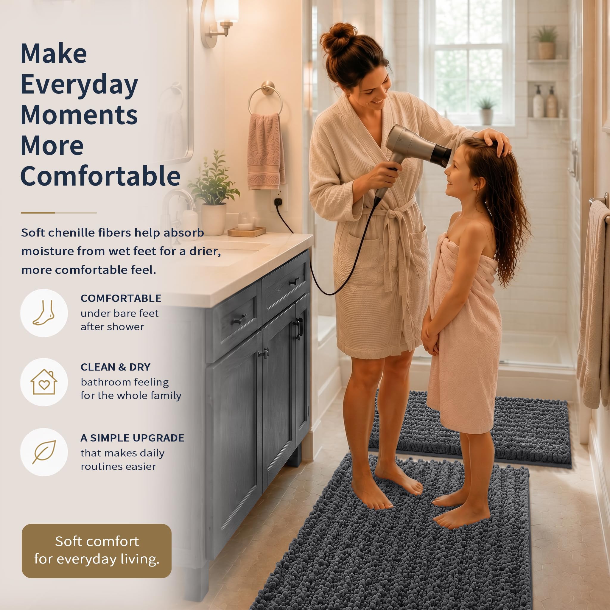 Yimobra Black Bathroom Rug Set 3 Piece - Super Absorbent Quick Dry Chenille Bath Mats & Toilet Rug, Non Slip Machine Washable, Extra Thick Shaggy Floor Mat for Shower Tub Sink