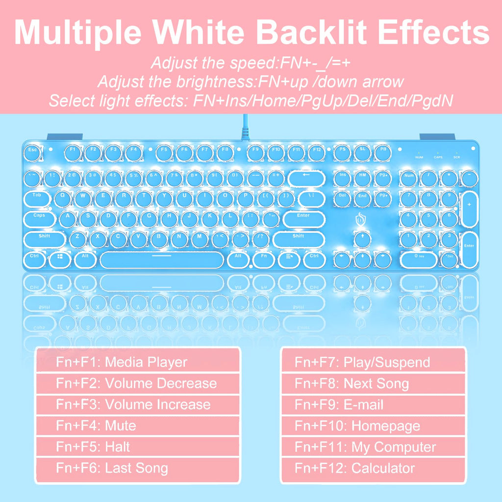 YSCP Typewriter Style Mechanical Gaming Keyboard RGB Backlit Wired with Blue Switch Retro Round Keycap 104 Keys Keyboard (R-Black)