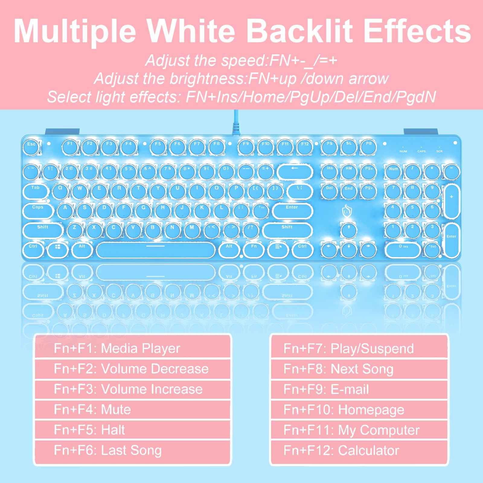 YSCP Typewriter Style Mechanical Gaming Keyboard RGB Backlit Wired with Blue Switch Retro Round Keycap 104 Keys Keyboard (R-Black)