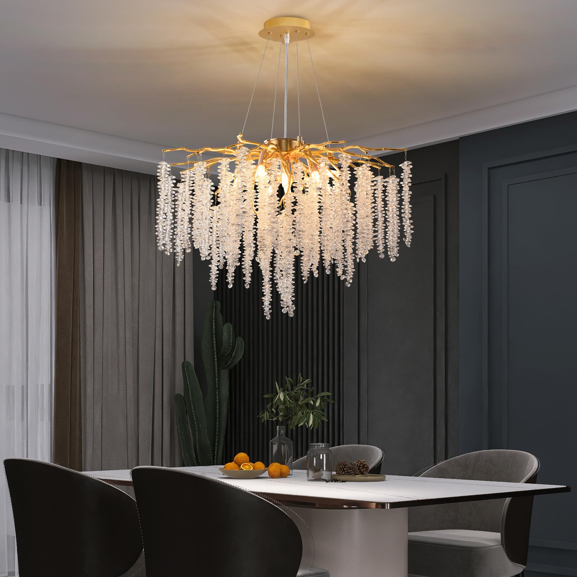 Modern Crystal Raindrop Chandelier, L40'' Black Linear Rectangle Art Deco Tree Branch Lighting Fixture for Kitchen Island Living Room Foyer Staircase 10 Lights