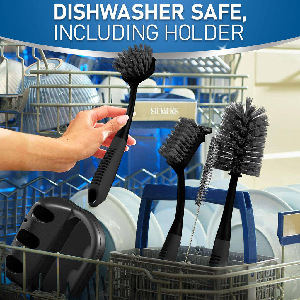 Dish Brush Set of 5 with Holder - Kitchen Scrub Brushes with Non-Slip Long Handle for Cleaning, Scrubber, Dishwashing, Dishes, Bottles, Straws, Cups, Pots & Sink, Baige