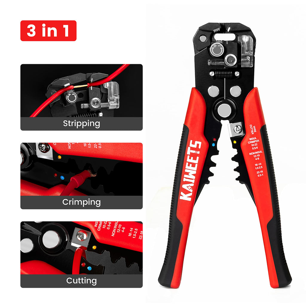 KAIWEETS Self Adjusting Wire Stripper - 3 in 1 Heavy Duty Automatic Wire Stripping Tool | 10-24 AWG Wire Cutter for Electrical Cable Cutting, Crimping Tool