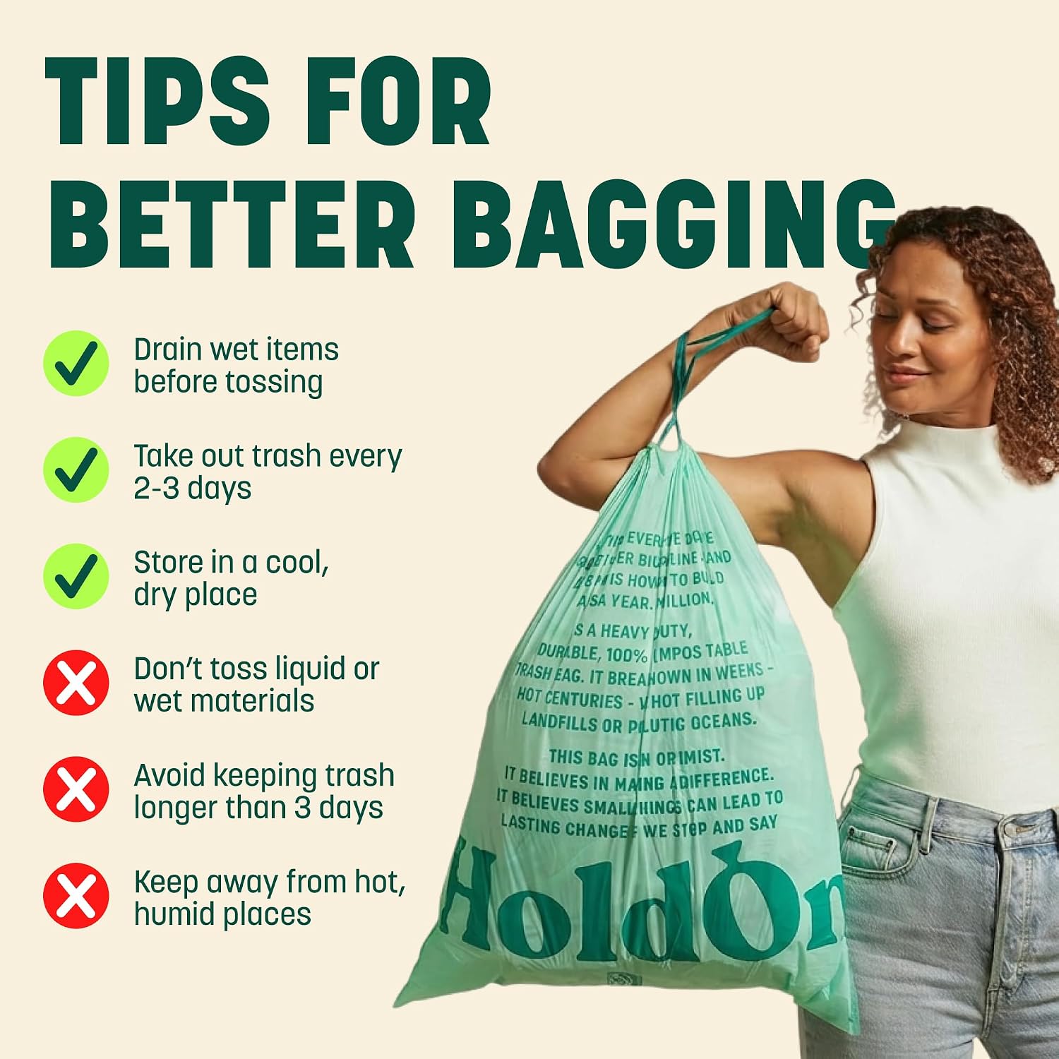 HoldOn Compostable Tall Kitchen Drawstring Bags, 13 Gallon - Leak-Resistant Triple-Ply Plant-Based Kitchen Bags for Trash, Compost & Bin Liners, BPA-Free, BPI Certified, 40 Count