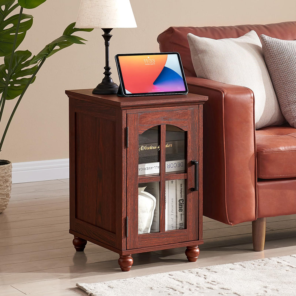 Narrow Side Table,Farmhouse Nightstand with Charging Station,Wood End Table with Glass Barn Door Storage, Cabinet Organizer with Adjustable Shelf, Night Stand for Small Spaces for Living Room Bedroom