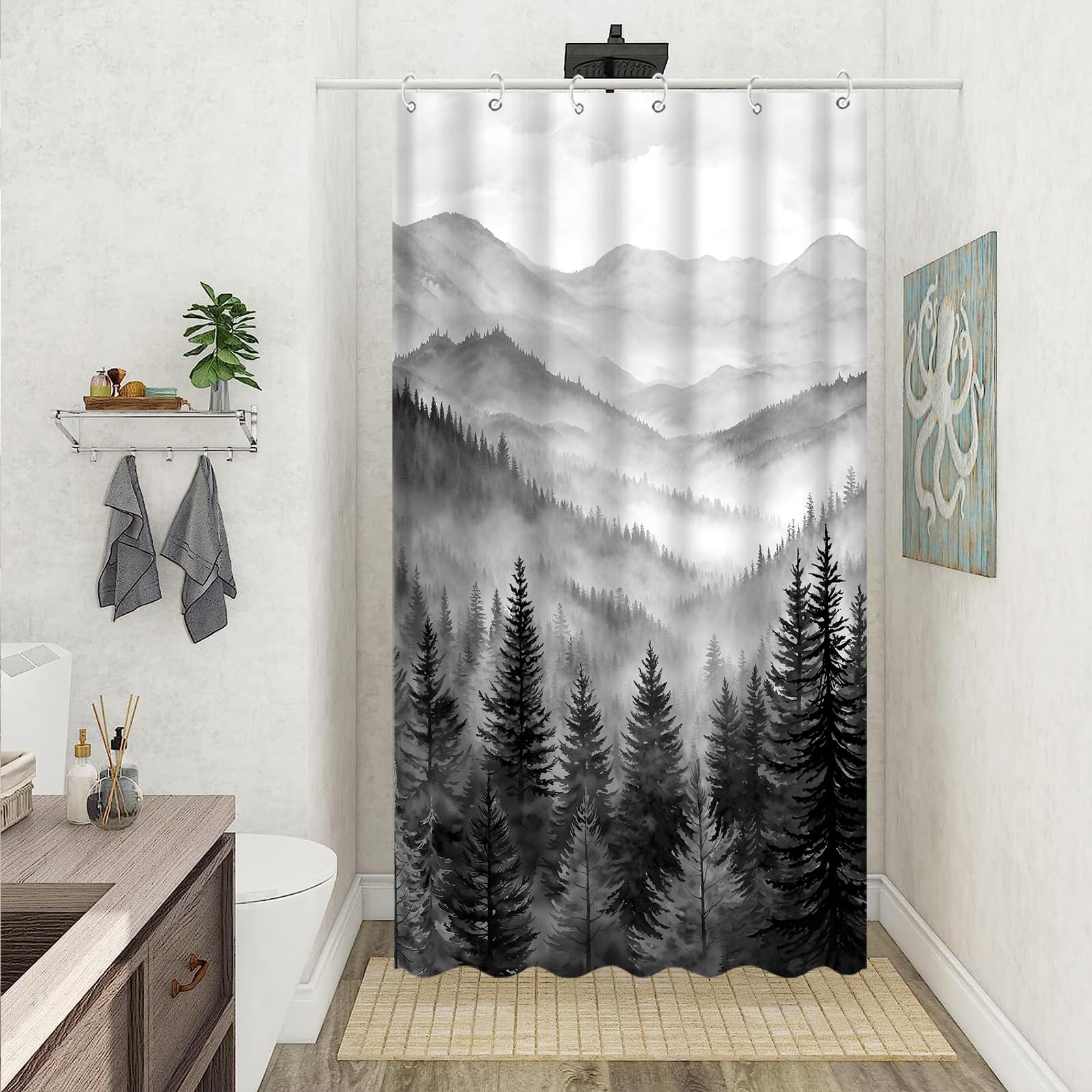 Stall Small Black and White Misty Forest Shower Curtain Ombre Gray Grey Mountain Pine Tree Waterproof Fabric Shower Curtains for Bathroom Nature Woodland Decorative Bath Curtain Decor 36×72 Inches