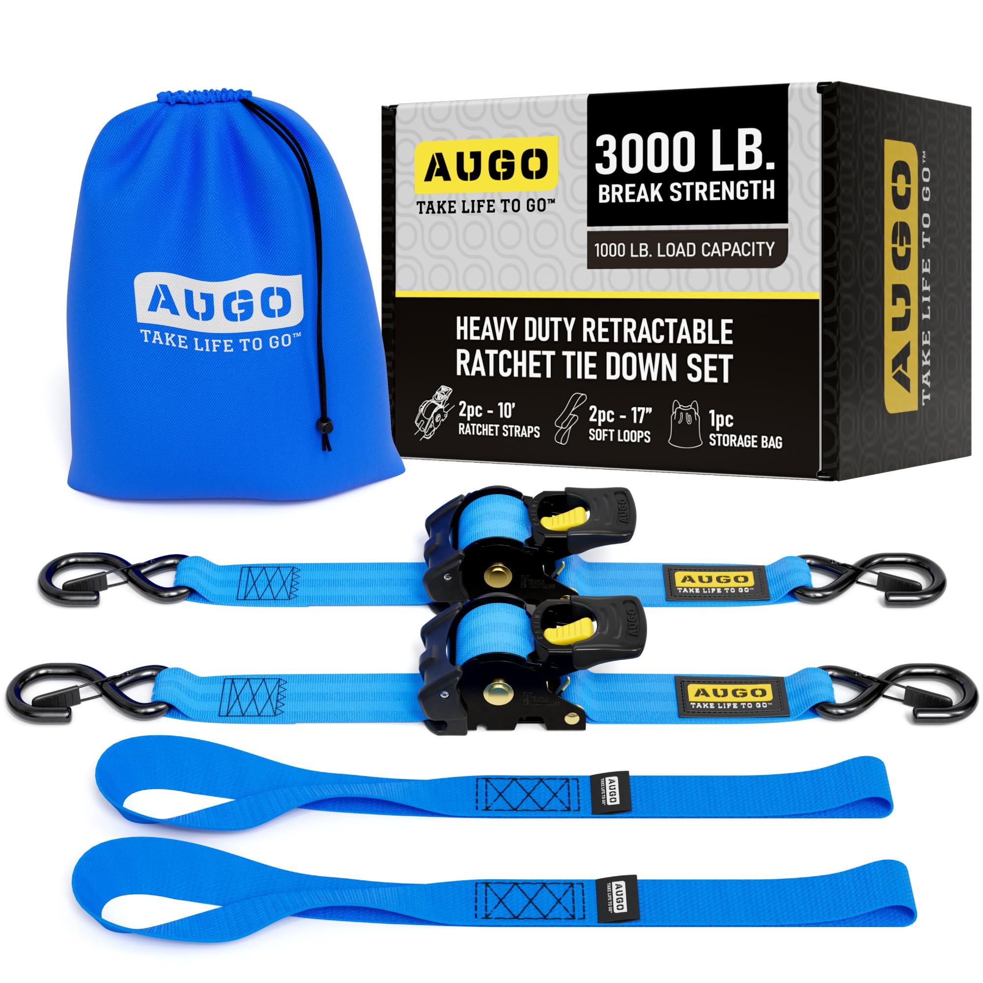 AUGO Retractable Ratchet Straps | 2 Heavy Duty Ratchet Straps Self Retractable Tie Downs with Soft Loops & Storage Bag for Motorcycle, Truck, Trailer, Cargo Van | 1200 Lb Break Strength 1” x 10’