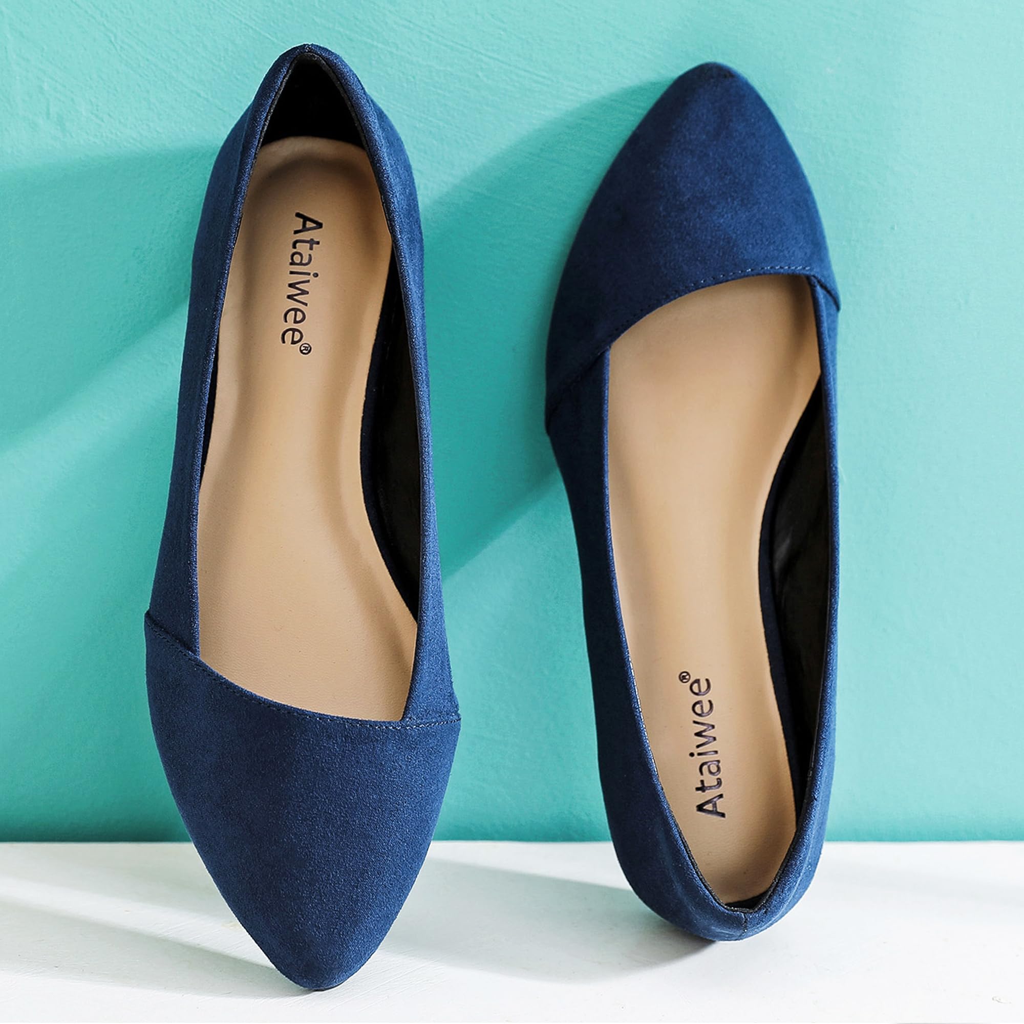 Ataiwee Women's Wide Width Ballet Flats - Stylish Pointed Toe Suede, Soft Comfortable Non-slip Sole.