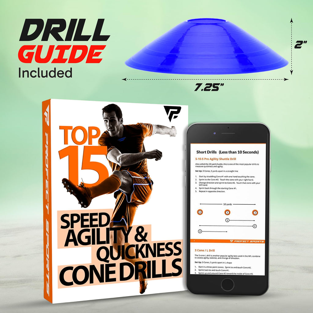 Pro Disc Cones (Set of 50) - Agility Soccer Cones with Carry Bag and Holder for Sports Training, Football, Basketball, Coaching, Practice Equipment, Kids - Includes 15 Best Cone Drills Book