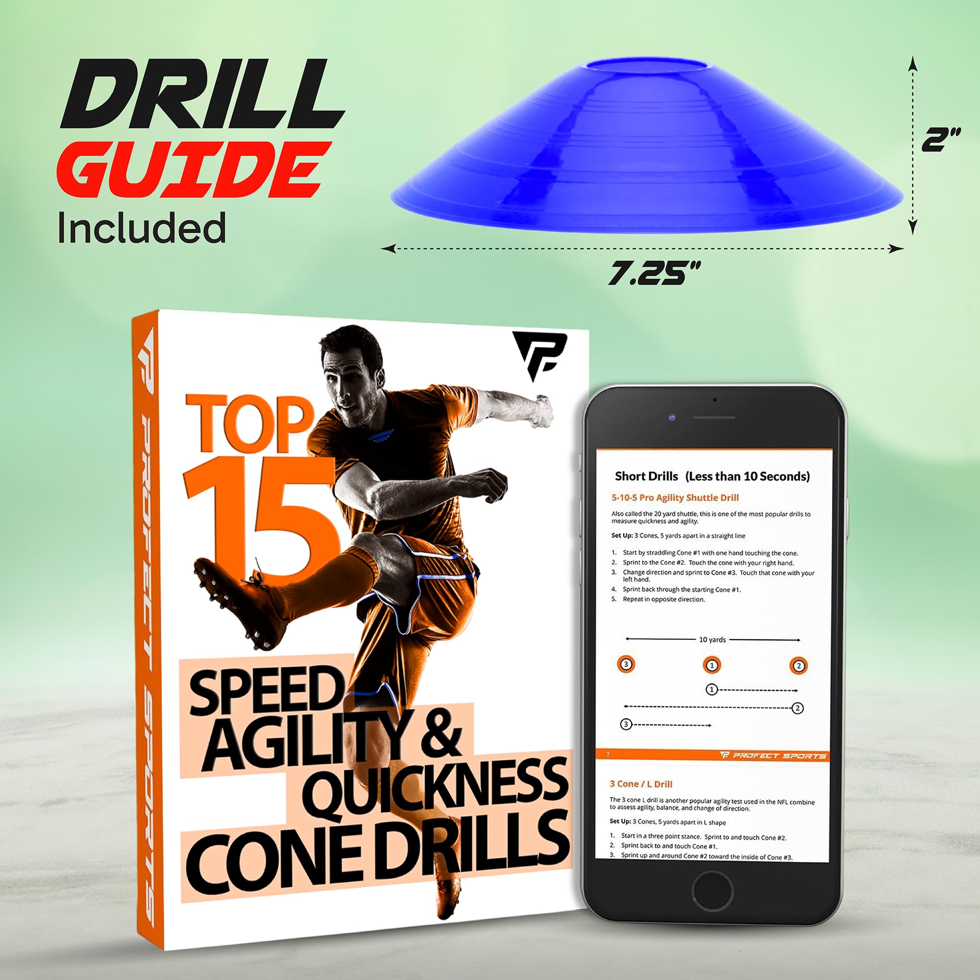 Pro Disc Cones (Set of 50) - Agility Soccer Cones with Carry Bag and Holder for Sports Training, Football, Basketball, Coaching, Practice Equipment, Kids - Includes 15 Best Cone Drills Book