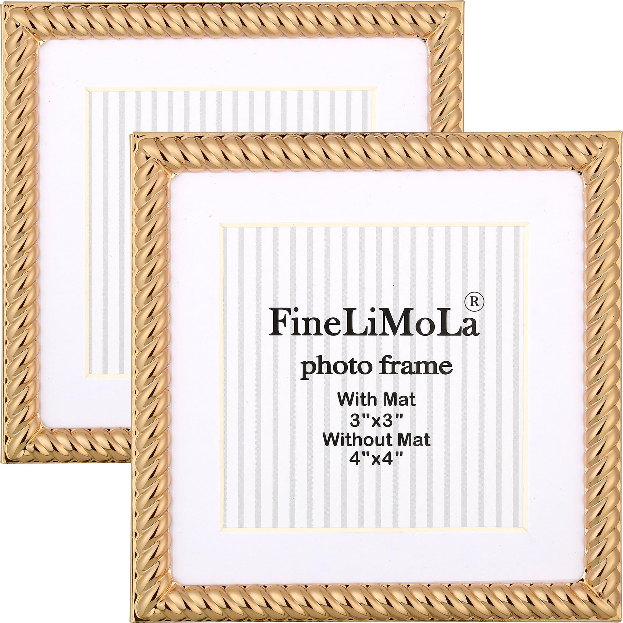 4x4 Gold Rope Design Metal Picture Frame With Mat for 3x3'', Premium Velvet Backing Real Glass Front Desktop & Wall Display Elegant Home Decor