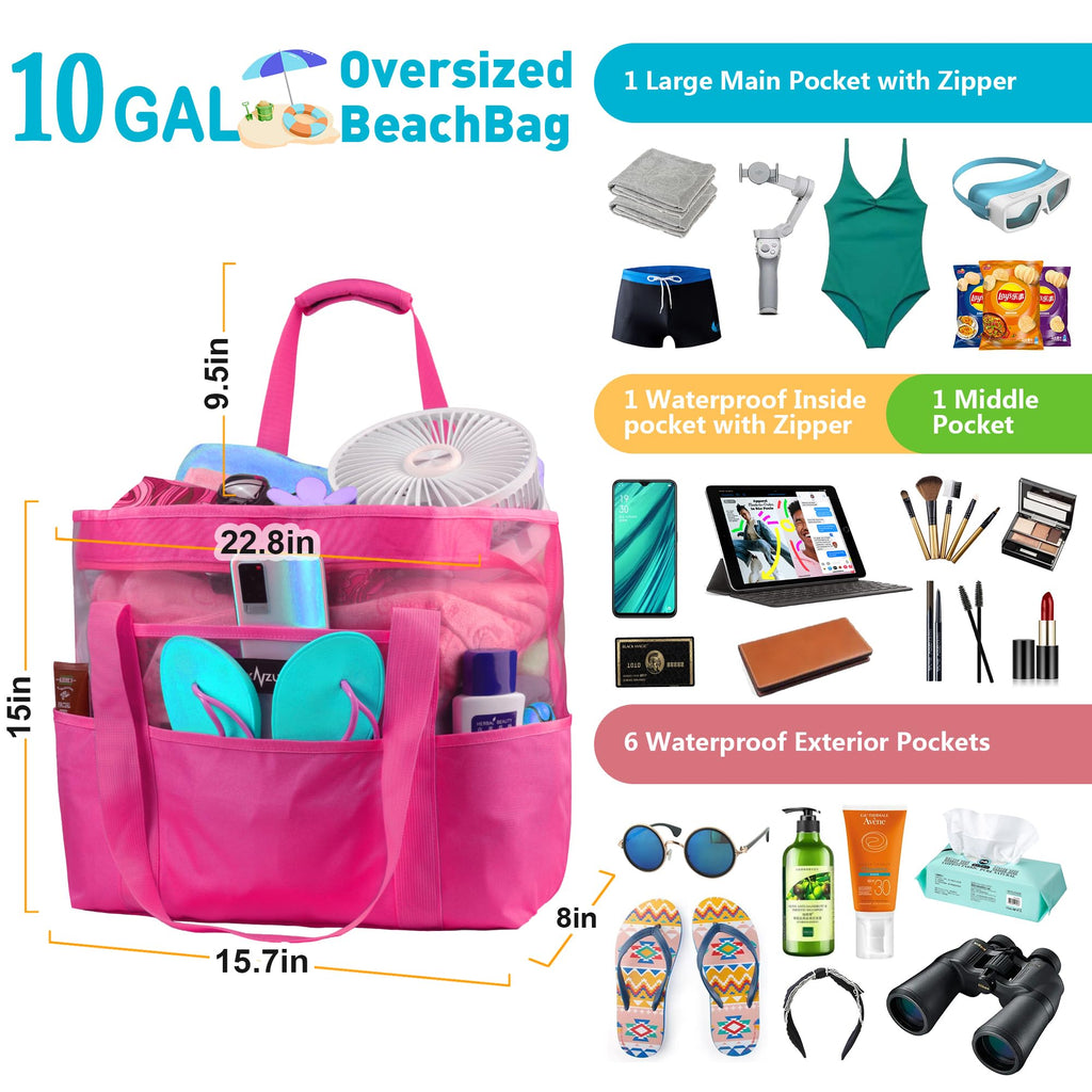 Mesh Beach Bag - Large Waterproof Beach Tote Bag with Zipper, Oversized Foldable Lightweight Family Swim Bag Vacation