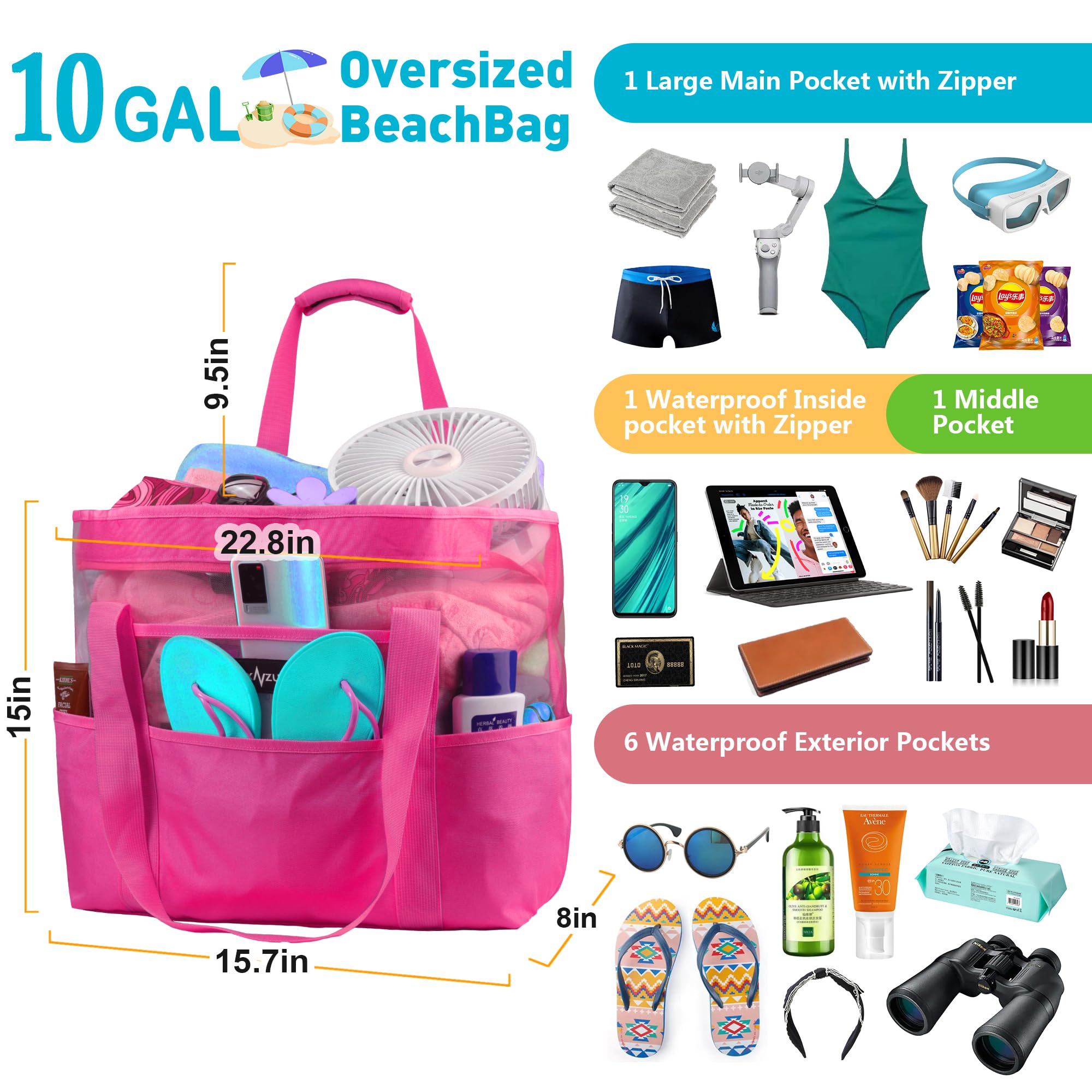 Mesh Beach Bag - Large Waterproof Beach Tote Bag with Zipper, Oversized Foldable Lightweight Family Swim Bag Vacation