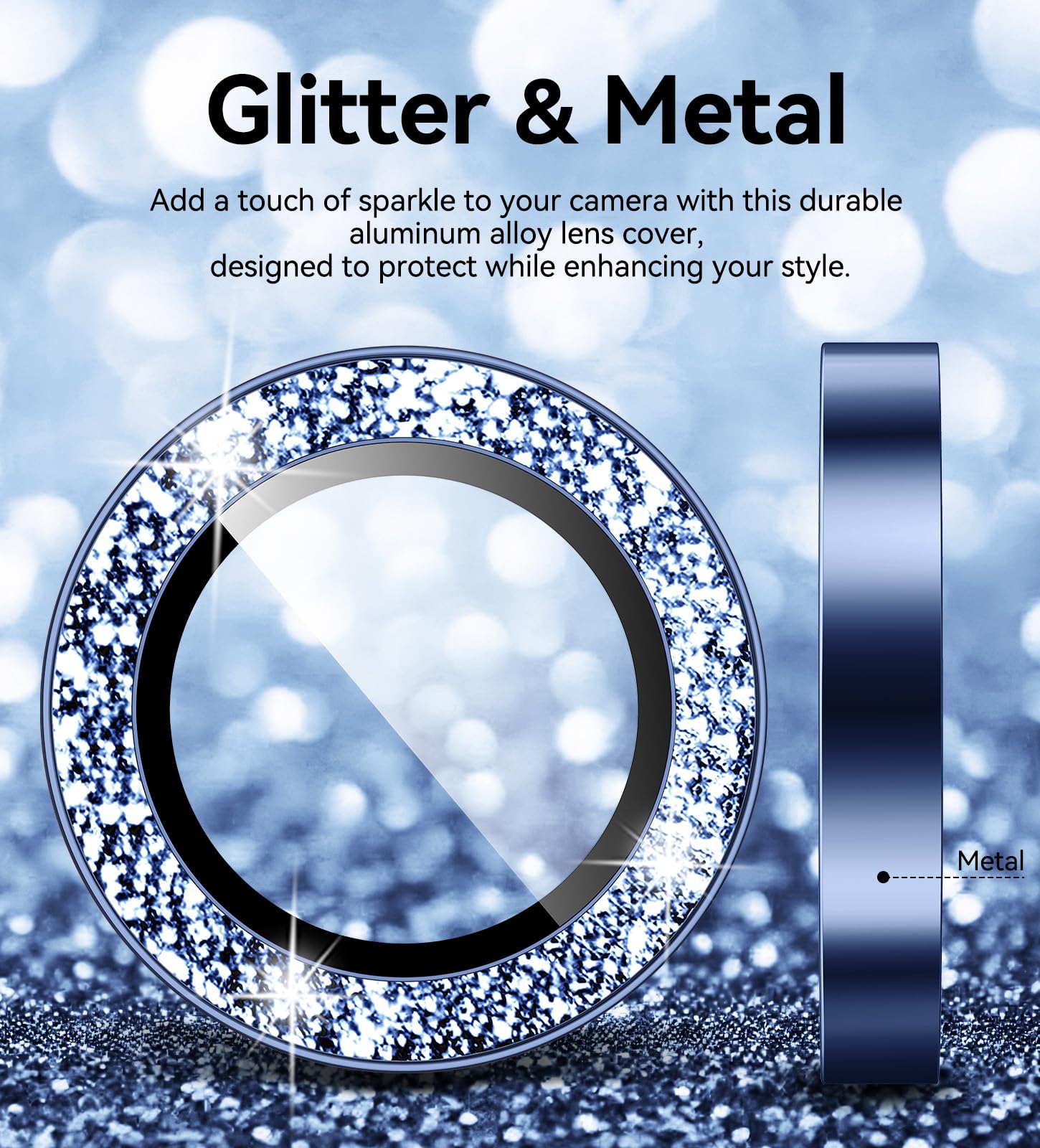 Matekxy Glitter Camera-Lens Protector for iPhone-16 Pro-Max - 16 Pro Anti-Scratch Tempered Glass with Aluminum Edging, Cute Girly Metal Individual Bling Ring Cover for Women, Black Titanium