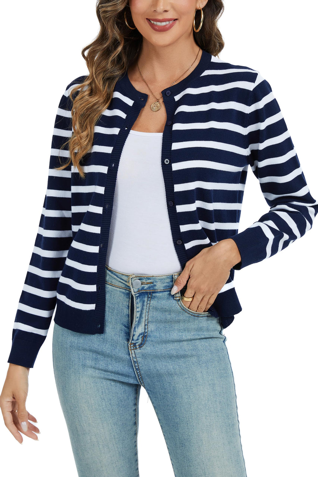 CUNYI Women's Crew Neck Cardigan Long Sleeve Sweater for Women Button Down Soft Knit Ladies Cardigan Sweates Coat