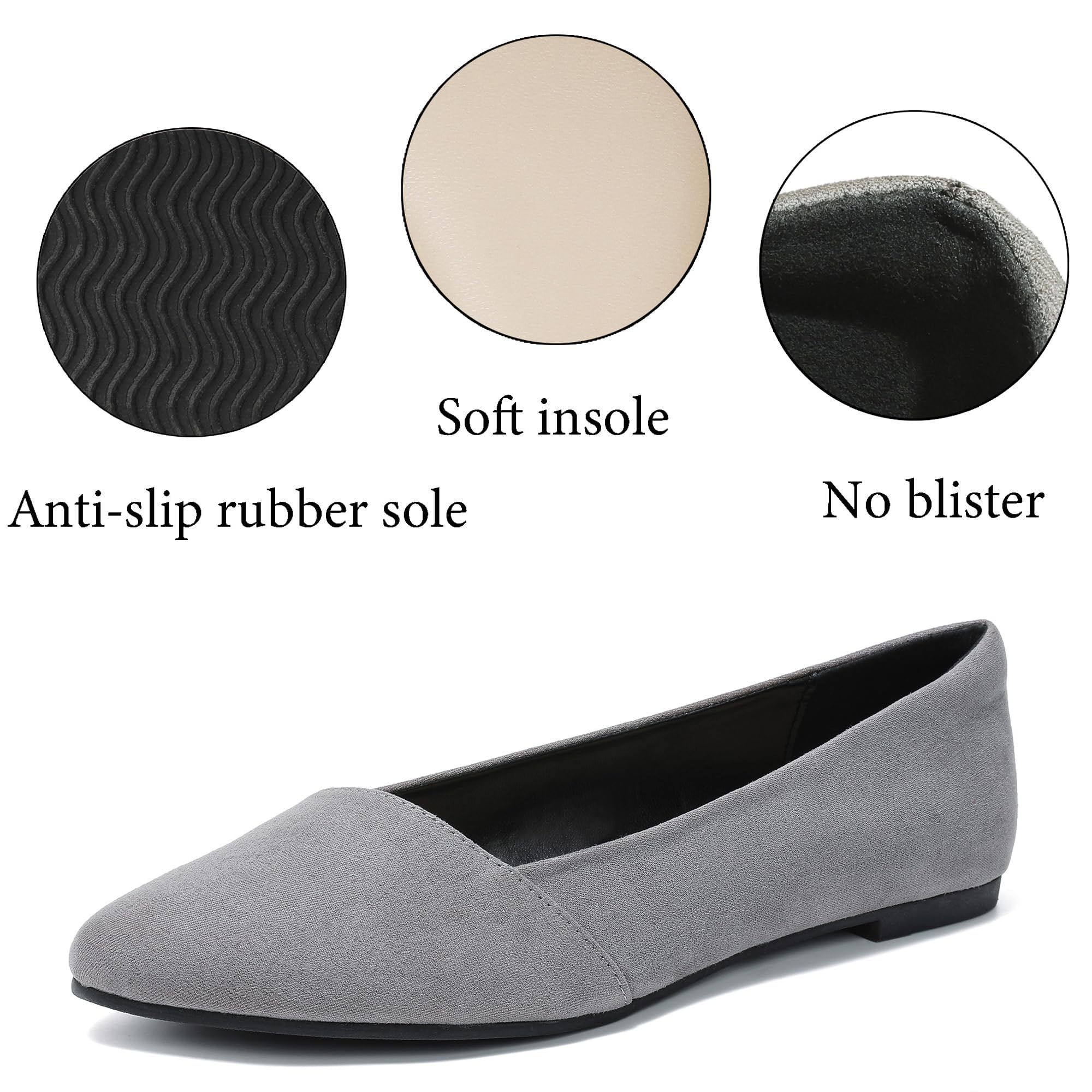 Ataiwee Women's Wide Width Ballet Flats - Stylish Pointed Toe Suede, Soft Comfortable Non-slip Sole.